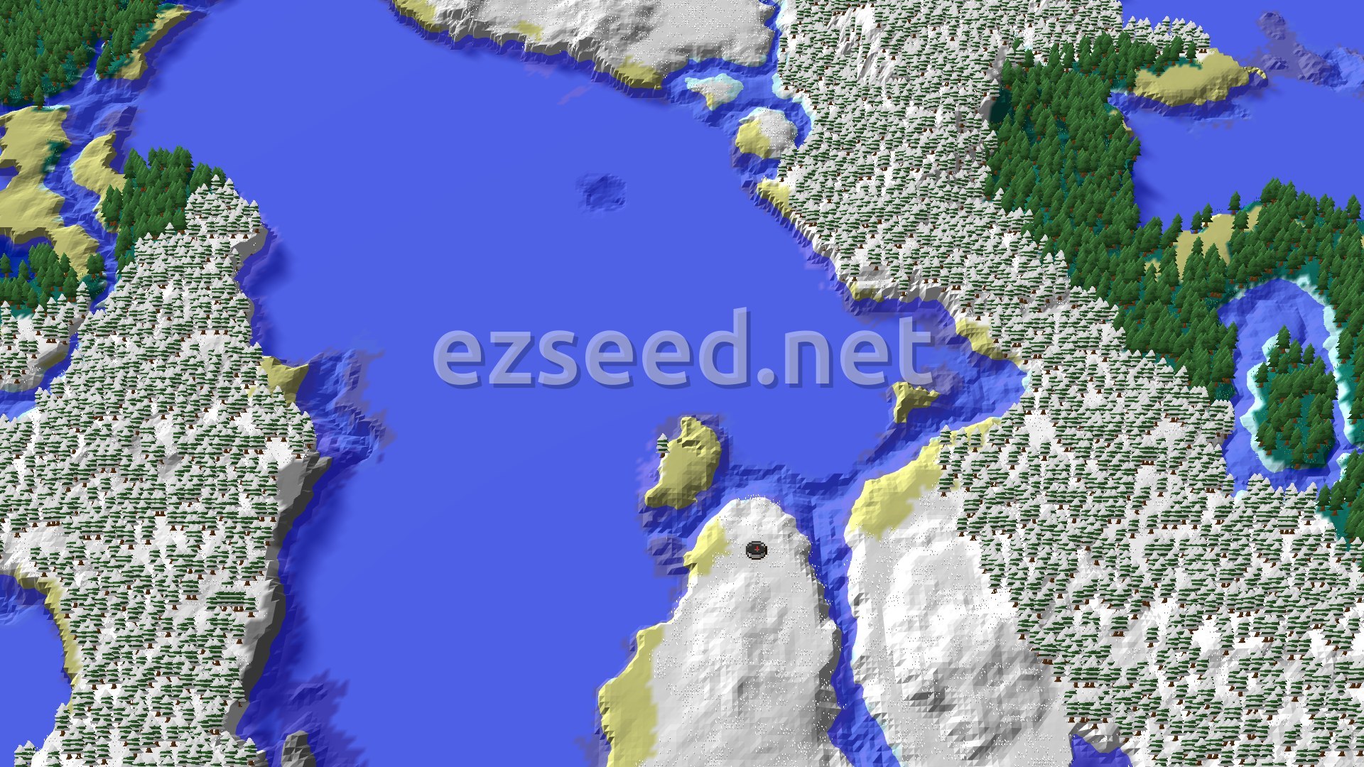 A 3D render of a snowy landscape with a large frozen ocean, snowy plains, and snowy taiga forests. A small marker indicates the spawn point near the edge of a snow-covered landmass.