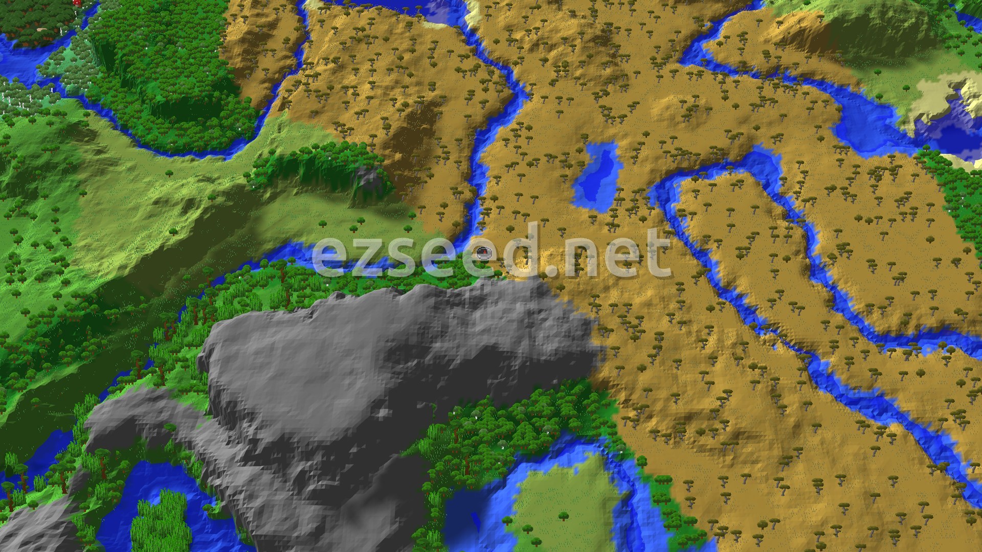 An aerial view of a wide savanna biome with scattered acacia trees, bordered by a river and a dense forest, with a prominent stony peaks formation.
