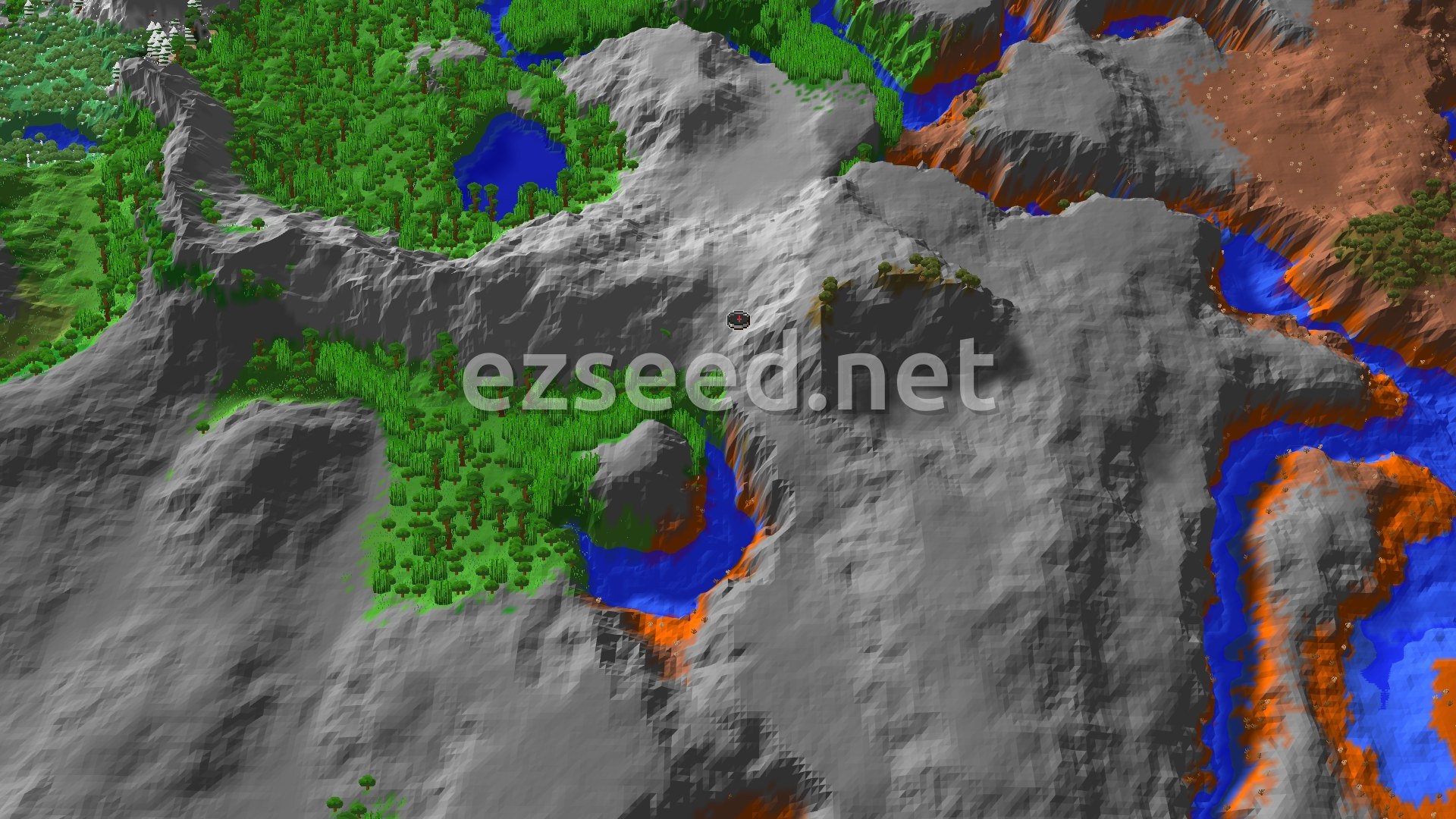 A bird's-eye view of a Minecraft landscape featuring a dense green jungle, steep grey mountains, and patches of orange badlands terrain, with blue water bodies interspersed.