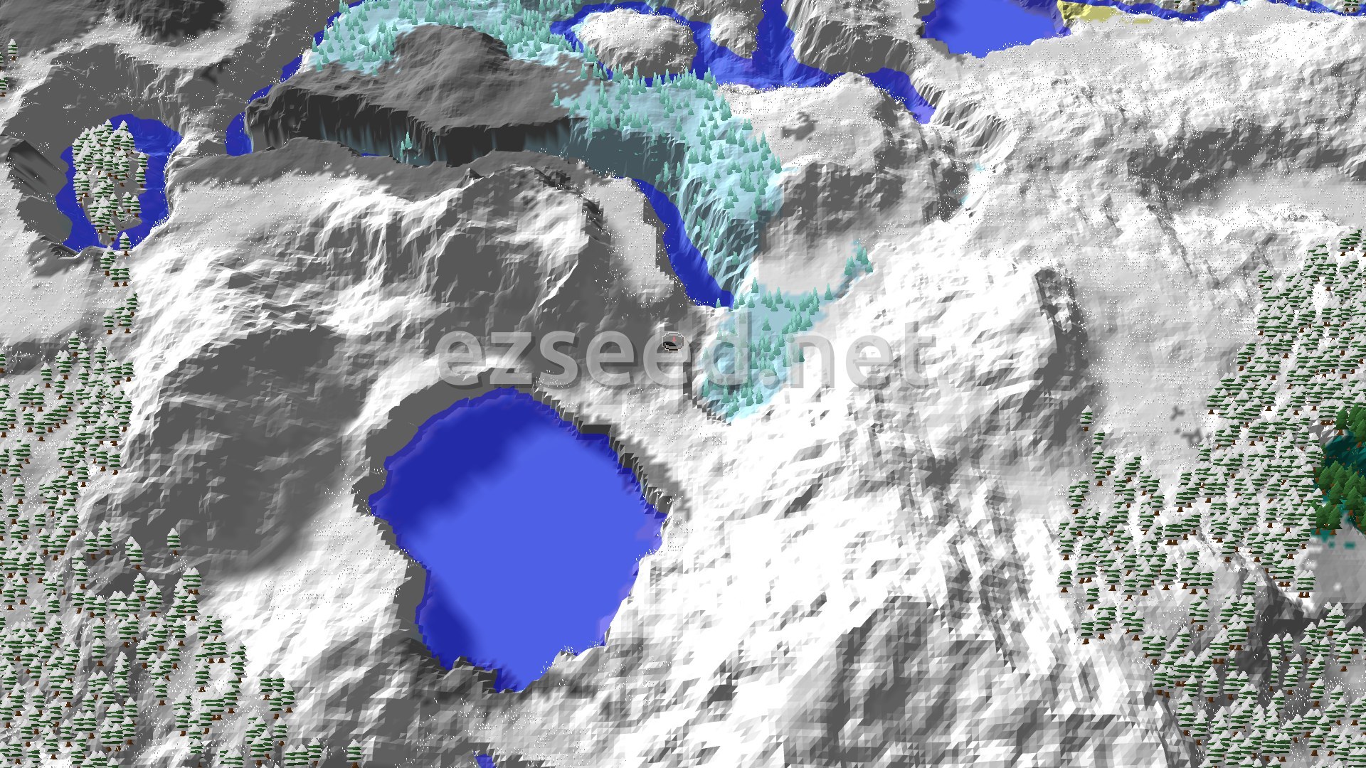 A 3D fly-over of a snowy mountain landscape, featuring a large frozen lake, scattered evergreen trees, and a small marker at the spawn point.