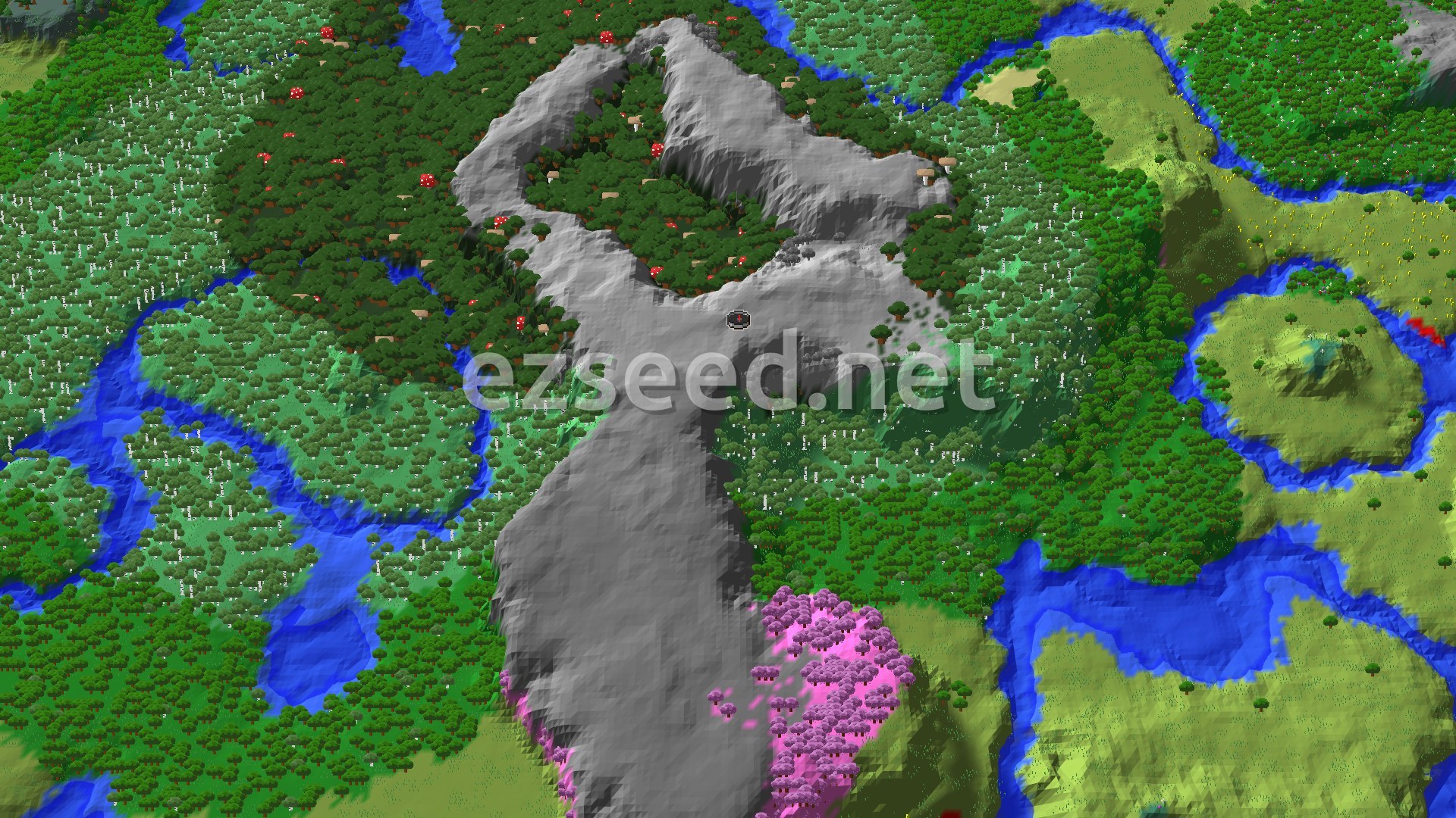 Aerial Minecraft seed map — Pale Garden and Cherry Blossom Hills
