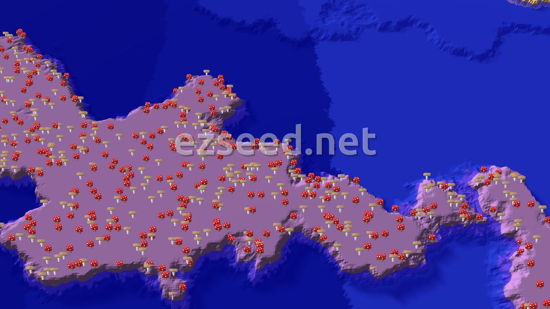 A vast purple mushroom island dotted with red and brown mushrooms, surrounded by deep blue ocean water.