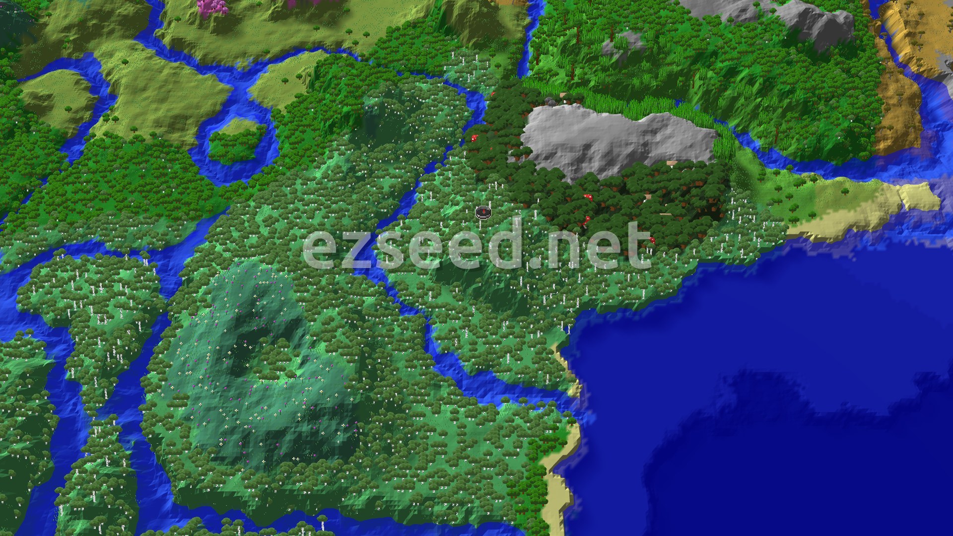 An aerial view of a varied landscape, showing dense green forests, winding blue rivers, and a large grey stony peak. There's a marker indicating the spawn point in an Old Growth Birch Forest, with a Dark Forest nearby.