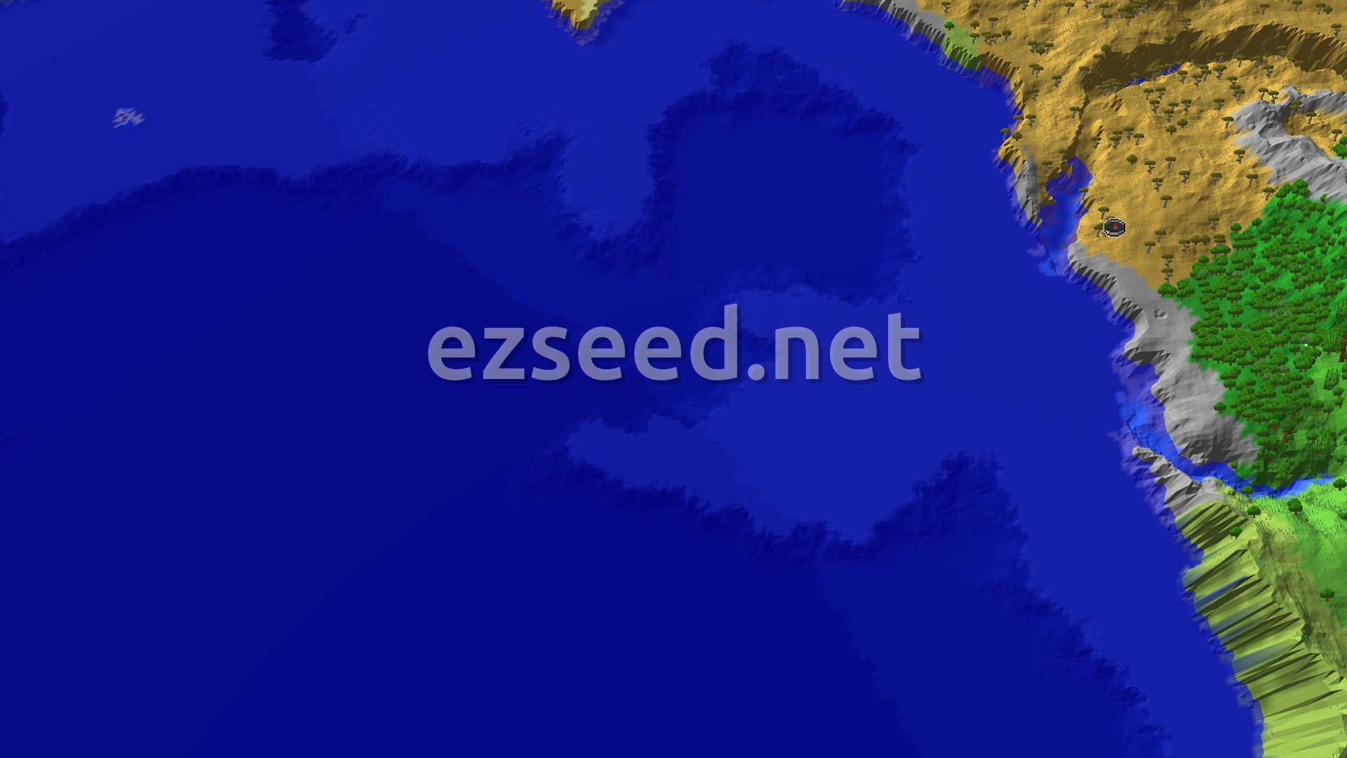 An aerial view showing a vast blue ocean meeting a tan savanna coast with scattered trees, a darker green forest, and some gray peaks, all around a spawn marker.