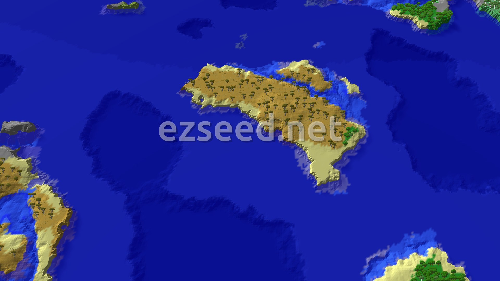 A 3D fly-over of a large, irregularly shaped island covered in sparse jungle and bamboo jungle, surrounded by blue ocean. Smaller islands are visible in the distance.
