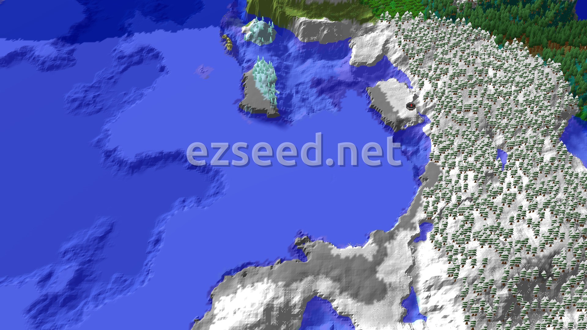 A 3D fly-over of a snowy landscape with a large frozen ocean to the west and a dense snowy taiga forest to the east, marked with a small spawn point.