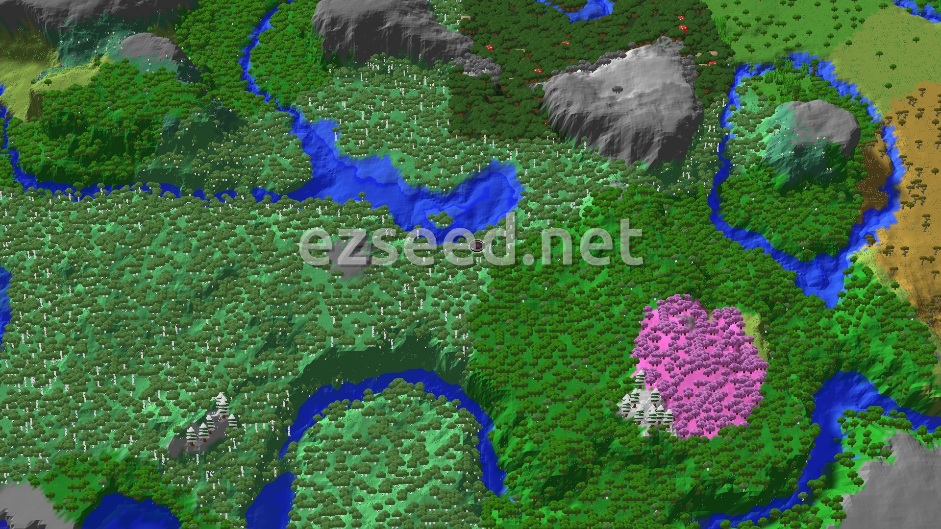 An overhead view of a varied landscape, featuring dense green forests, winding blue rivers, patches of light green Old Growth Birch, a distinct pink Cherry Grove, and several grey mountains.