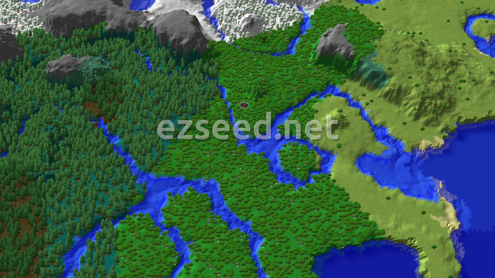 An overhead view of a dense forest biome with a winding river, flanked by plains and snowy mountains in the distance.