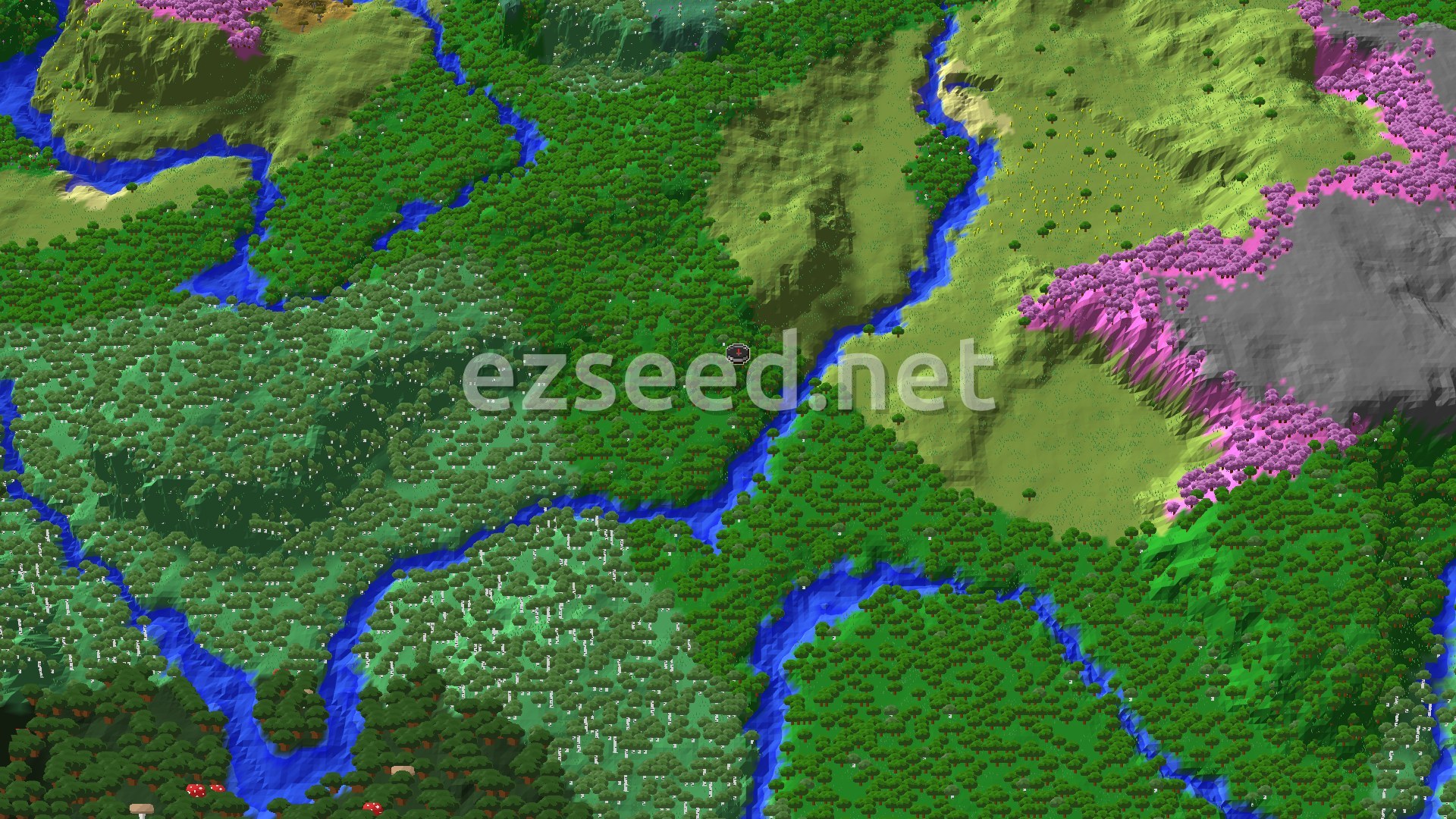 An aerial view of a forest biome intersected by rivers, with patches of birch forest, open plains, and a vibrant pink cherry grove against a grey mountain range. A spawn marker sits in the central forest.