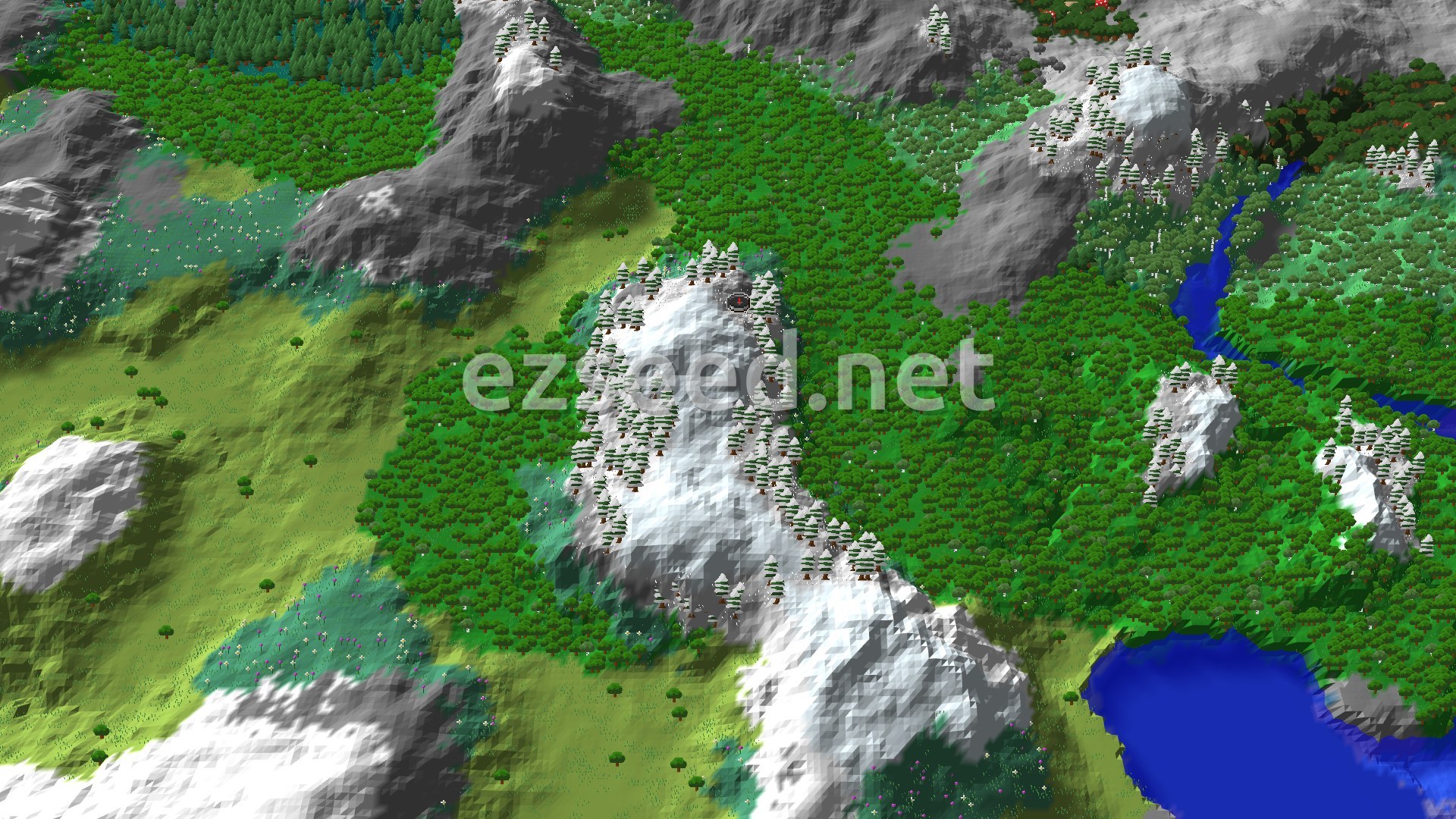 An aerial view shows a spawn marker in a Grove biome, surrounded by green forests, lighter green meadows, and several snowy mountain peaks. A river snakes through the trees, and a body of water is visible in the distance.