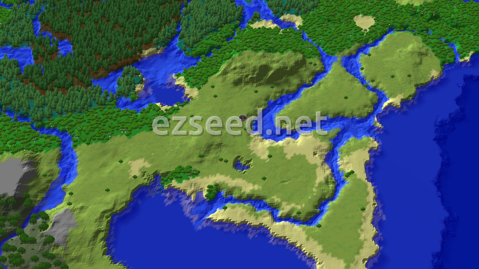 An aerial view of a mostly flat plains biome with scattered trees, surrounded by rivers and oceans, with denser forests in the distance.