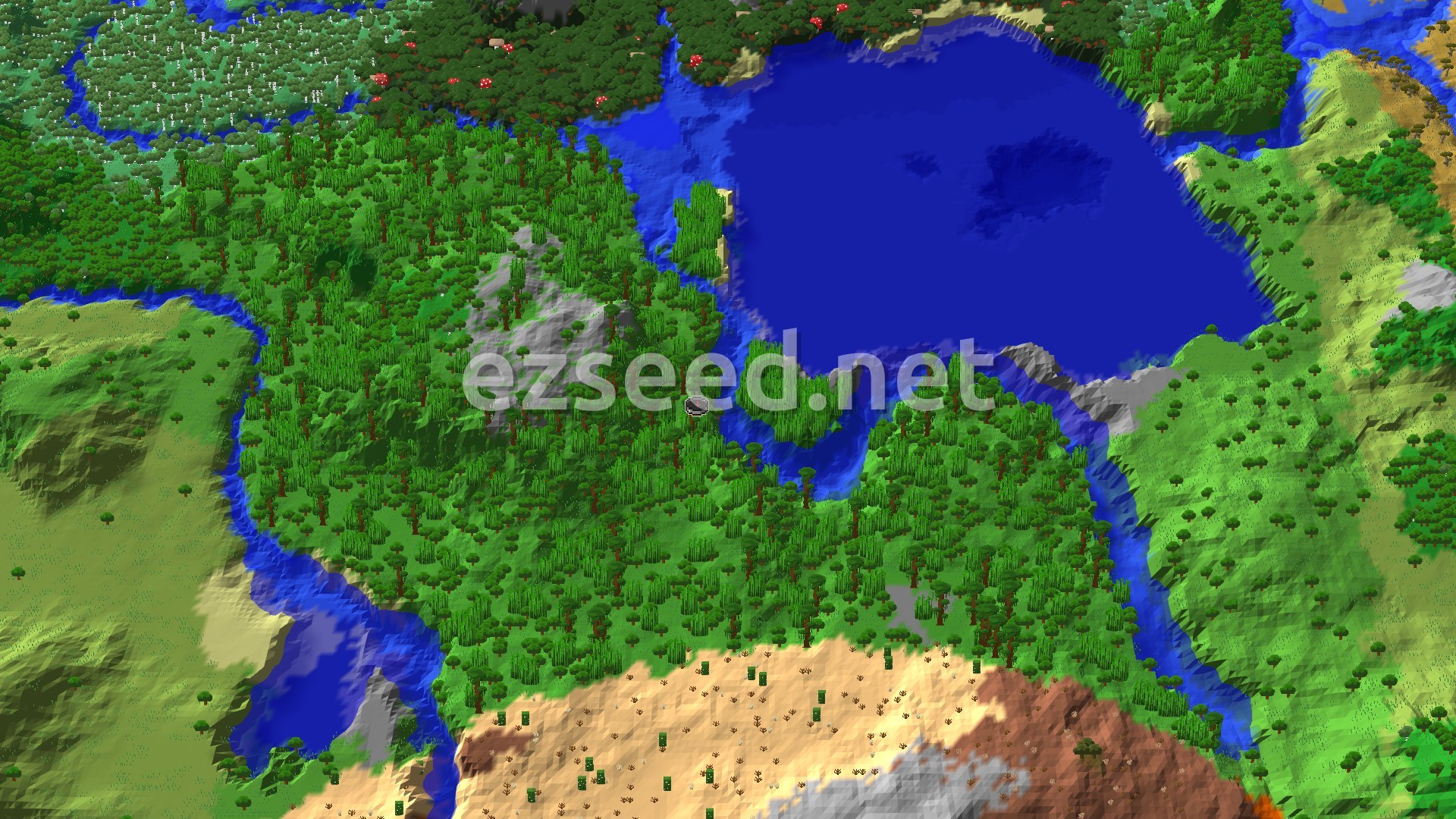 A 3D overhead view shows a dense green jungle covering most of the terrain, with a large blue body of water to the east and a winding river to the west. A sandy desert biome is visible to the south, with some red-brown badlands further southeast. A small spawn marker is in the center of the jungle.