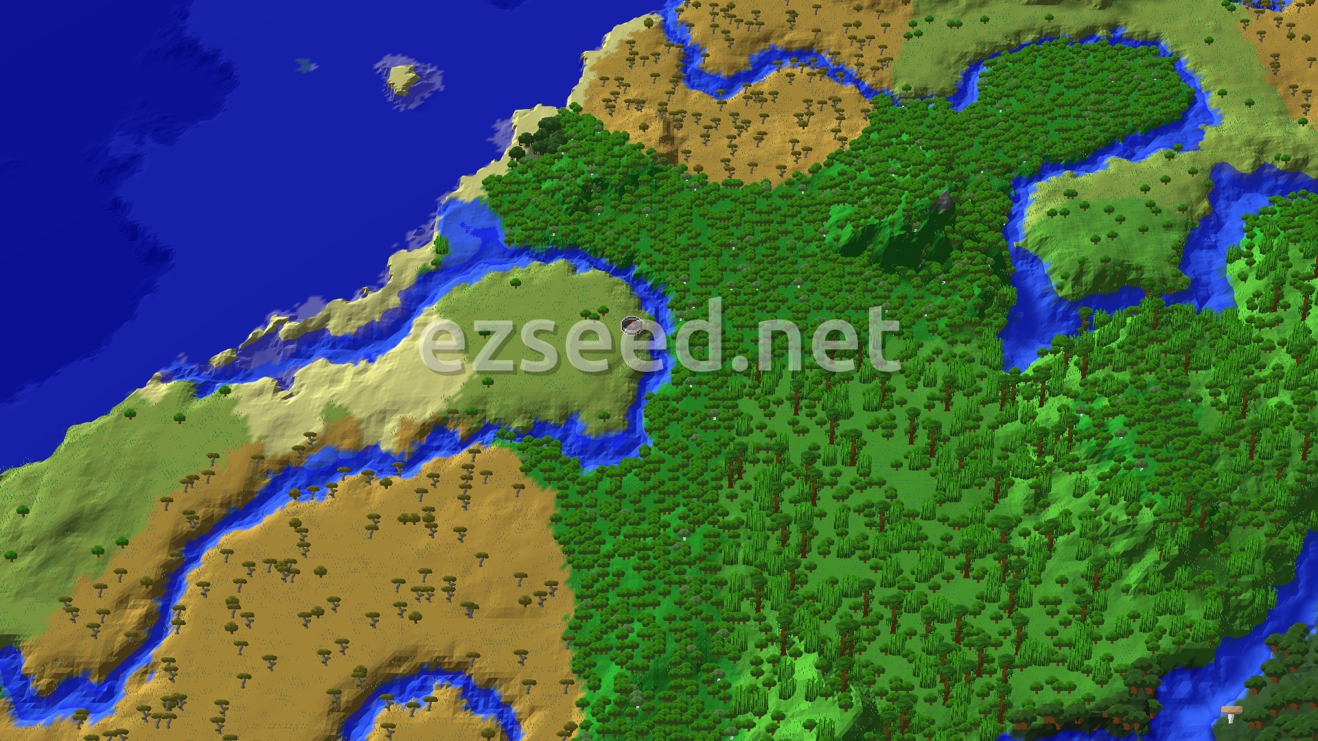 A bird's eye view of a varied landscape featuring a large forest, winding rivers, a coastline with beaches, and scattered savannas.