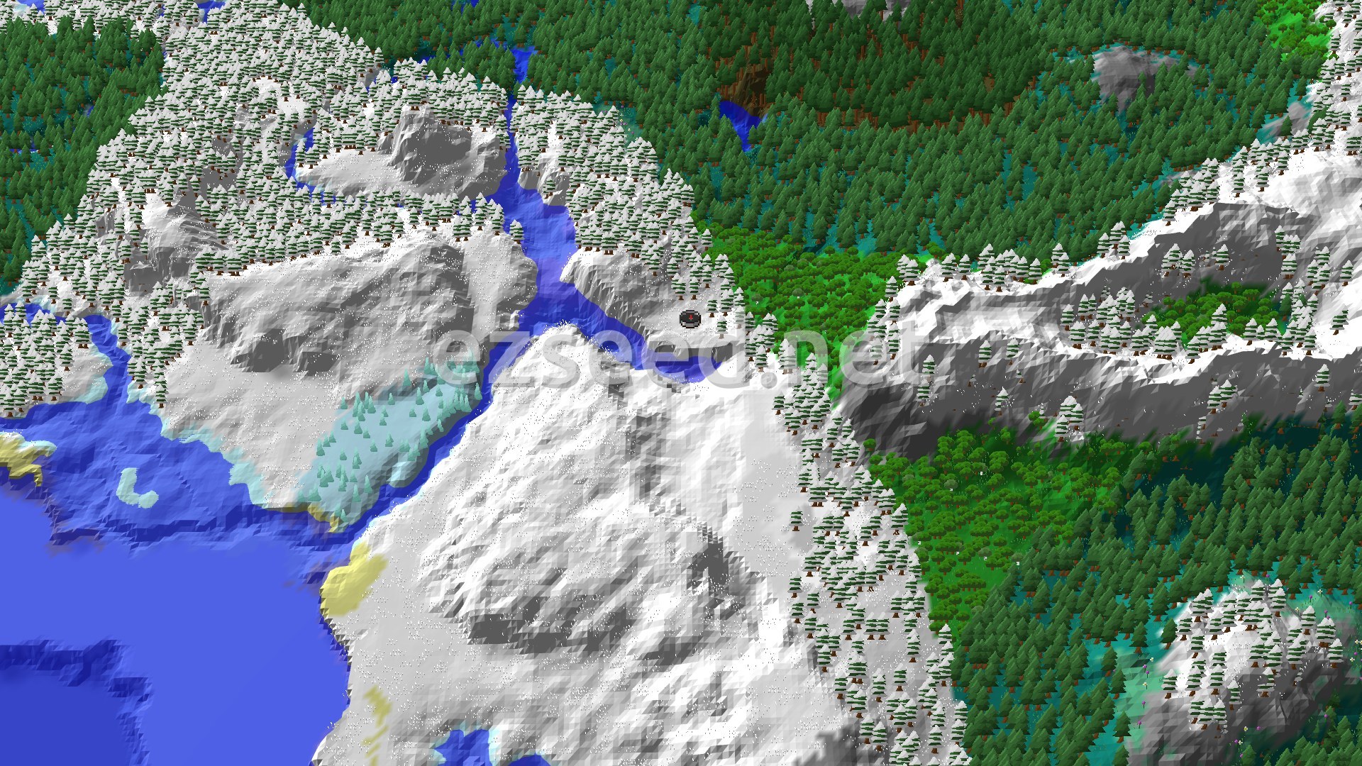 Aerial Minecraft seed map — Snowy Plains Spawn with Nearby Ancient City