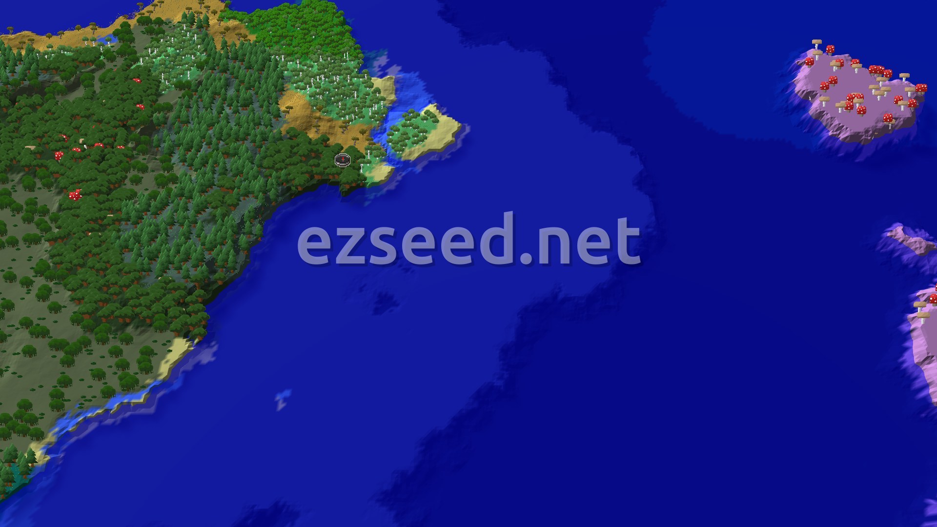 An overhead view shows a large dark forest next to an ocean, with a small mushroom island visible across the water. A red marker indicates the spawn point on the edge of the forest.
