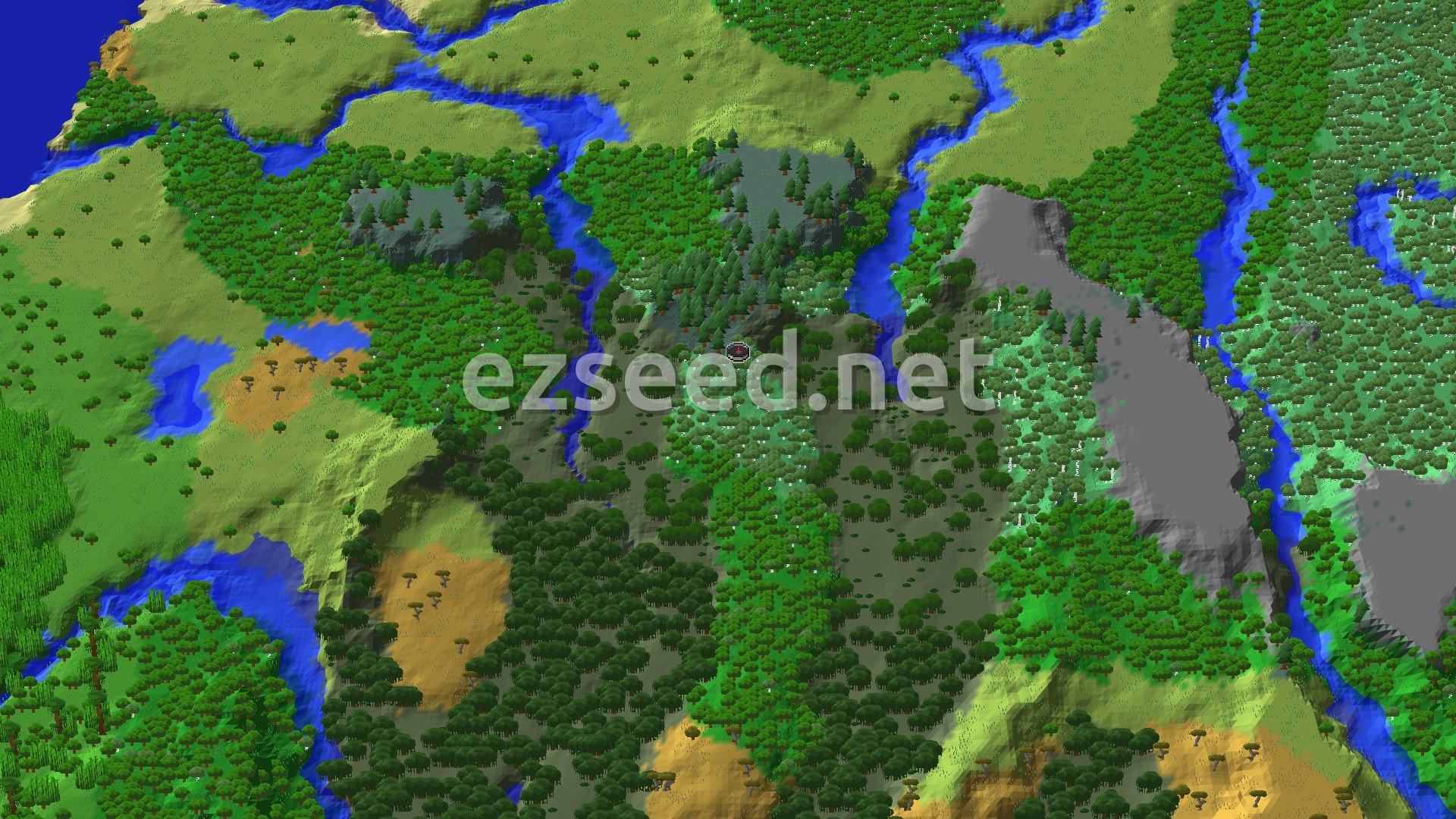 An aerial view shows a hilly, forested landscape with several rivers and small lakes, featuring varied tree types and patches of green, tan, and gray terrain around a central spawn marker.