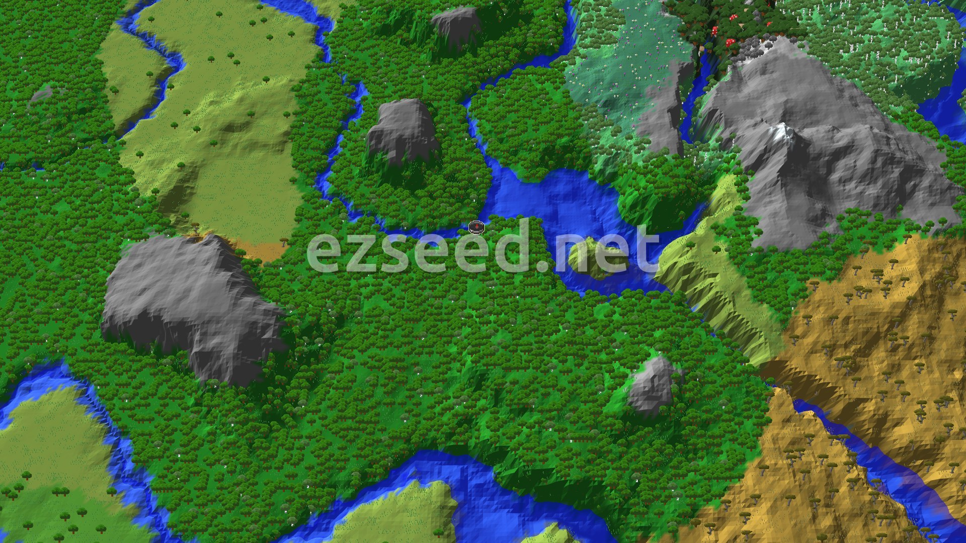 A 3D fly-over rendering of a Minecraft world, showing a heavily forested area with a wide river and several large, rocky mountains. A small marker indicates the spawn point in the forest.