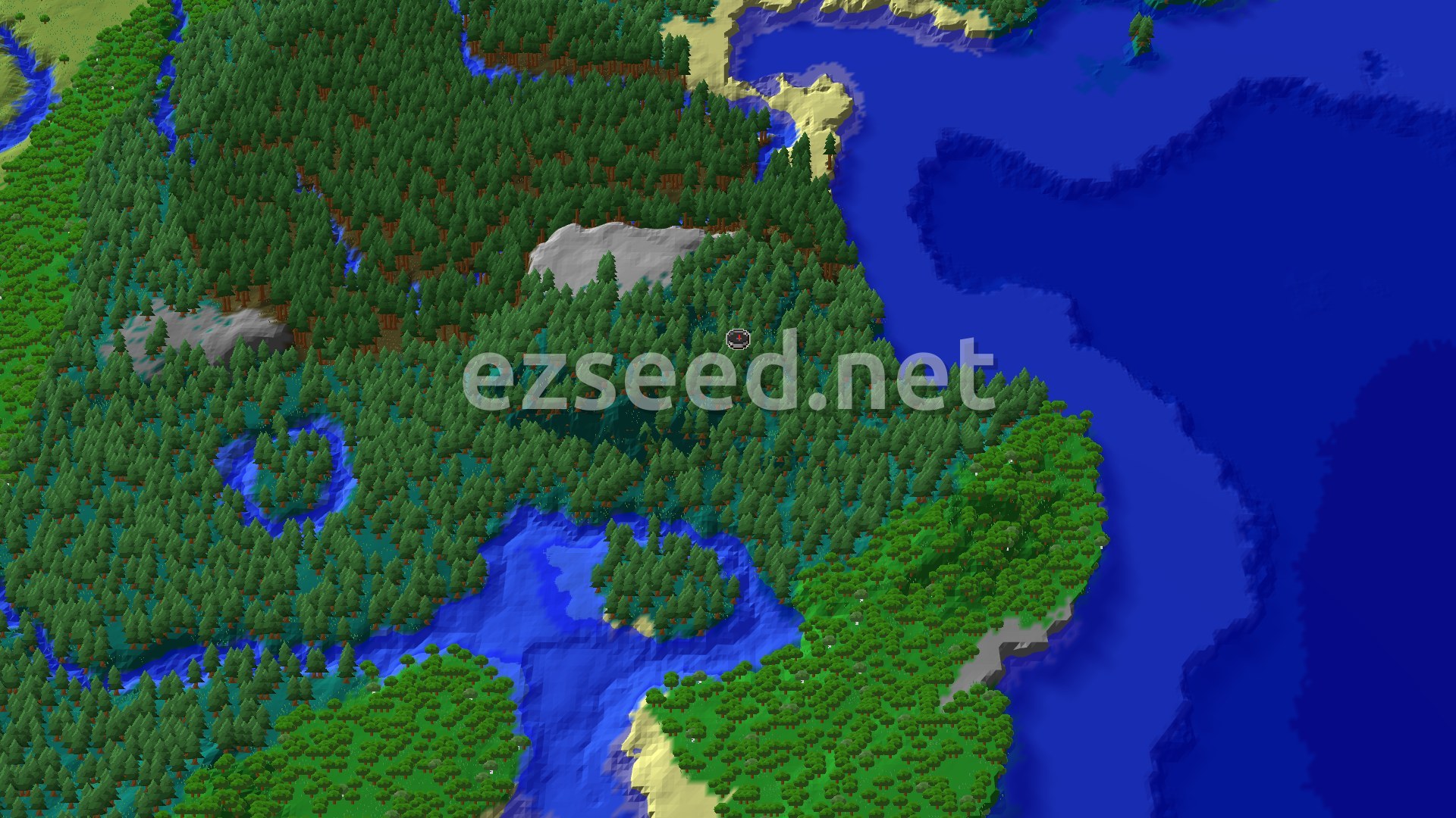 Aerial Minecraft seed map — Taiga Spawn with Mushroom Fields and Trial Chambers