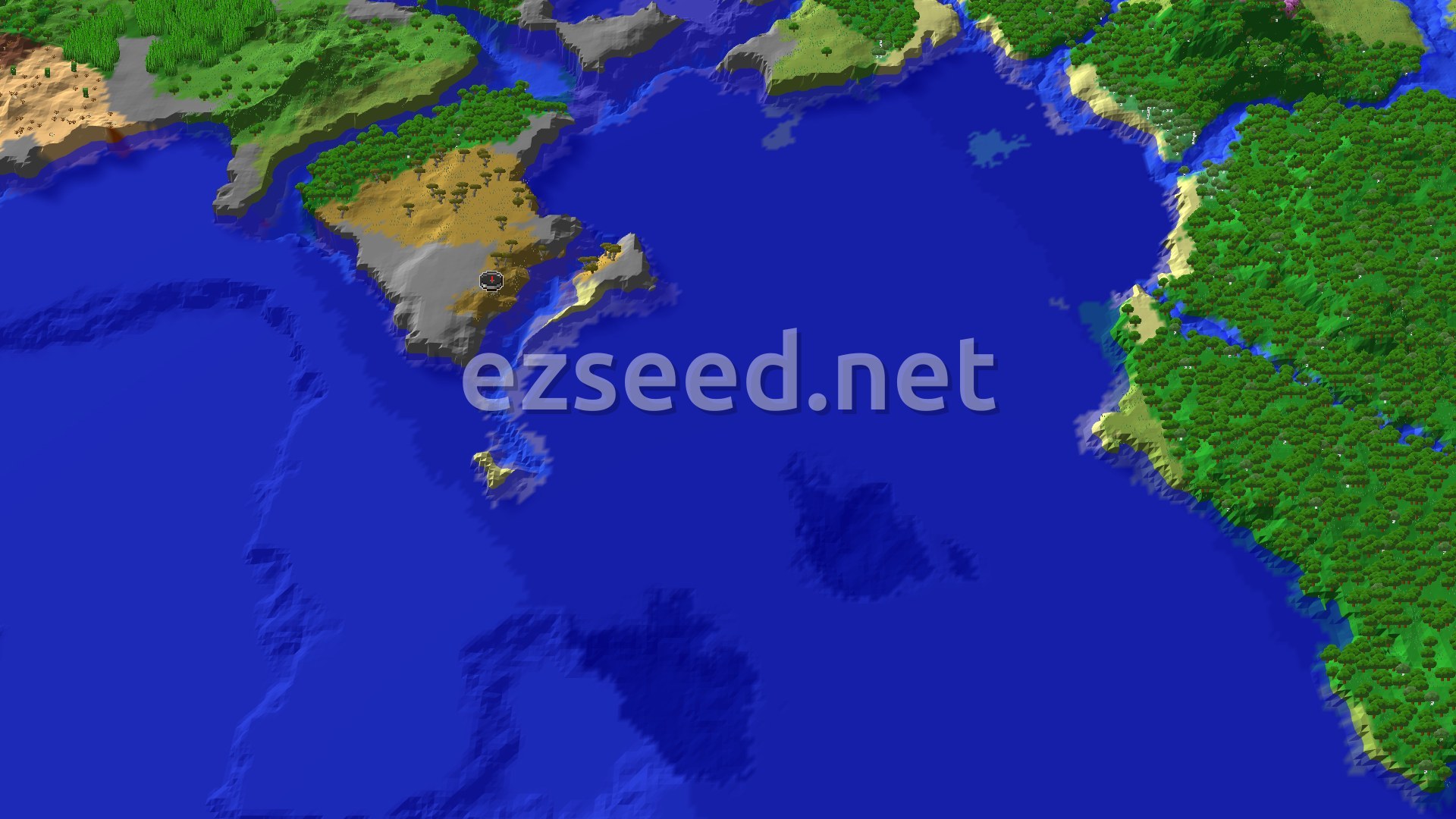 An aerial view of a savanna biome with a river, leading into warm ocean biomes and distant jungles.