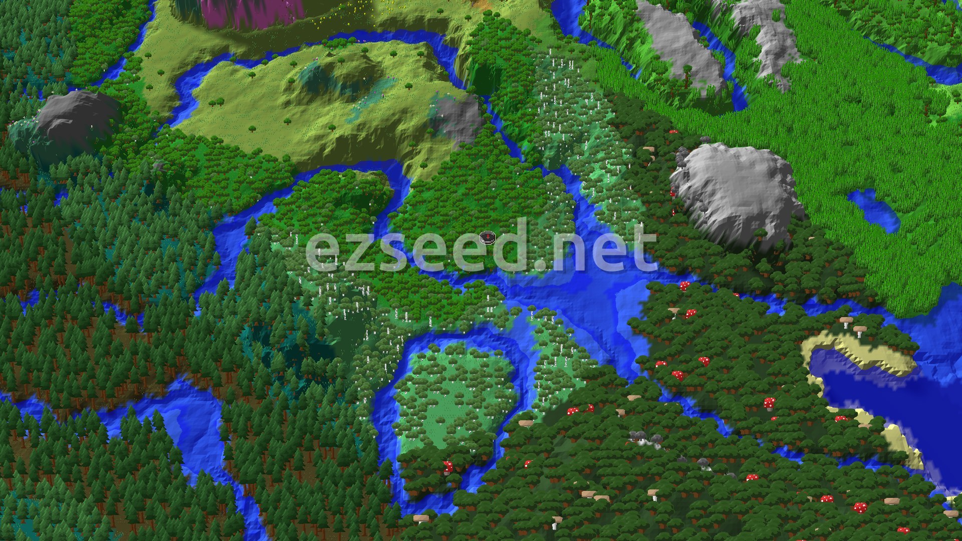 A 3D fly-over of a varied forest landscape with a winding river, some hills, and a small spawn marker at the center.