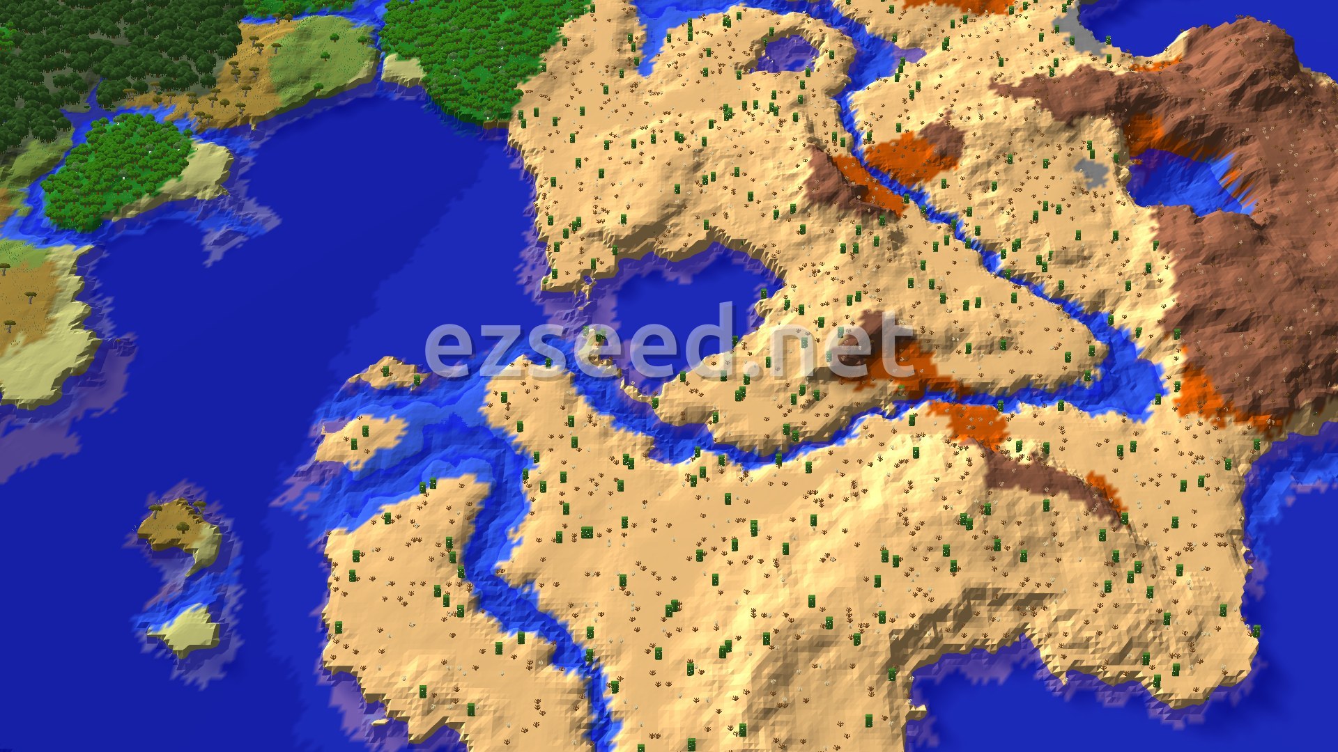 An aerial view shows a vast desert landscape, with a river winding through it and patches of eroded badlands. Further out, a dense forest and savanna are visible, all bordering a large ocean.