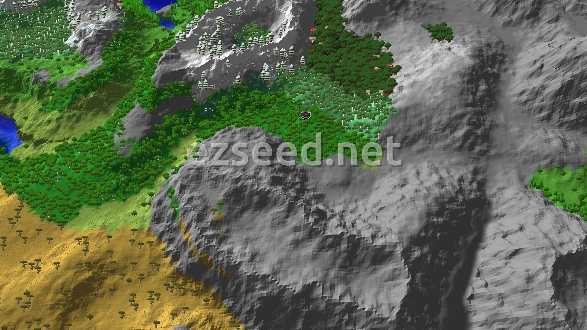 Aerial Minecraft seed map — Forest Spawn with Nearby Peaks and an Ancient City