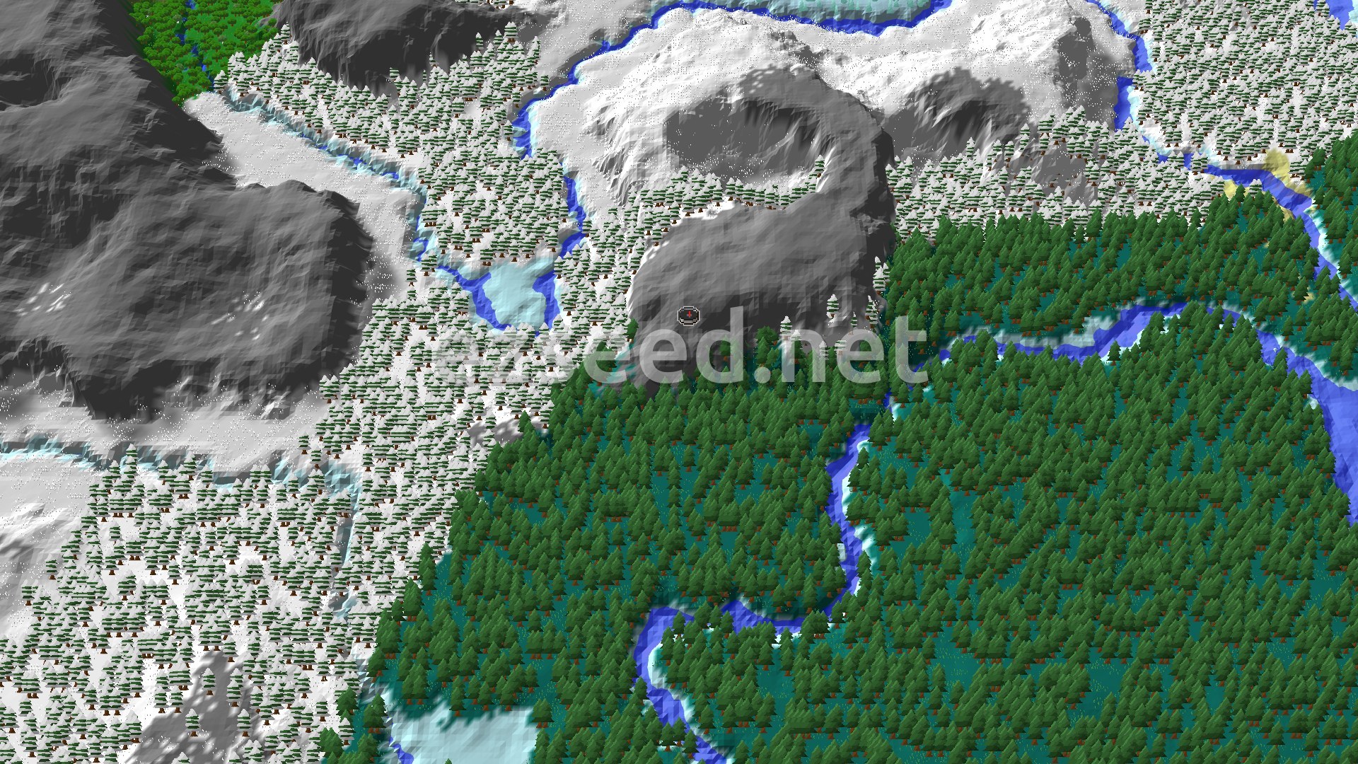 A 3D overhead view of a diverse Minecraft landscape featuring dense taiga forests, snowy taiga, frozen rivers, and a large mountain range in the distance. The spawn marker is visible within the taiga.