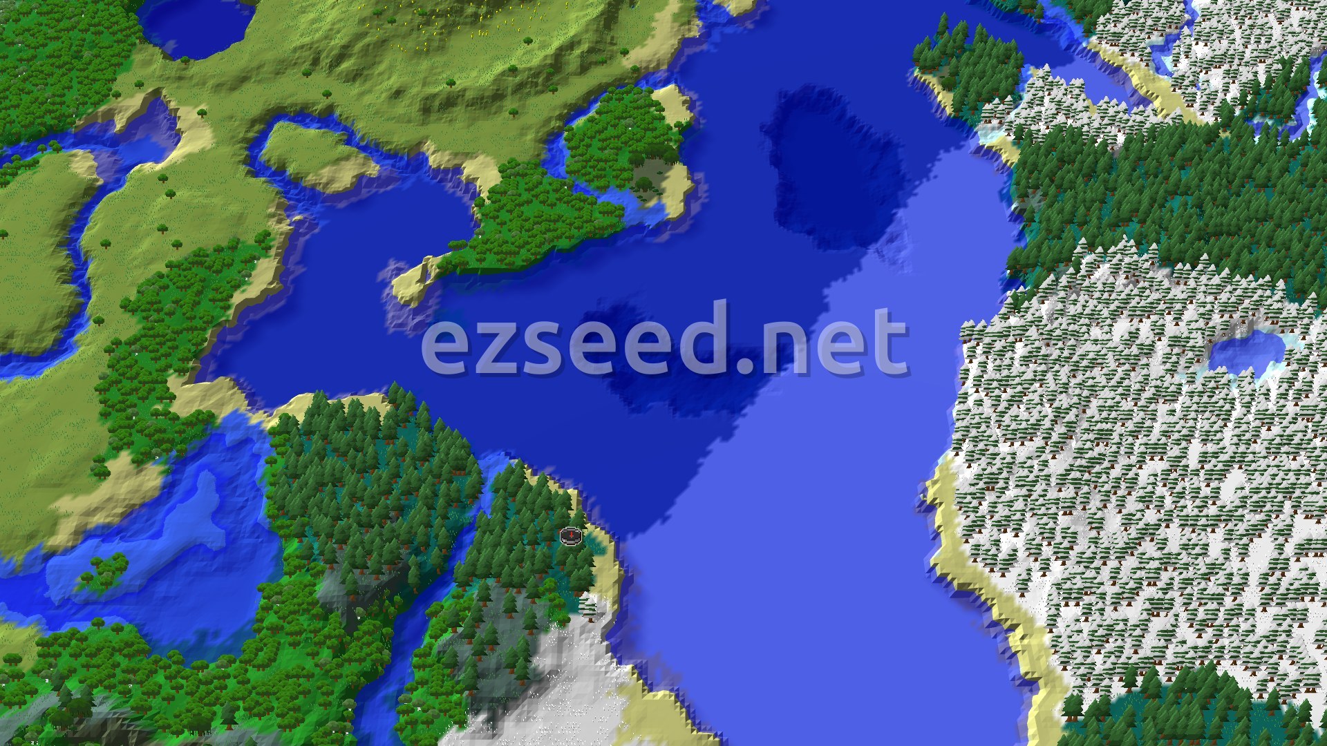 A 3D fly-over of a snowy forest with hills and a river, with a small spawn marker in the center.