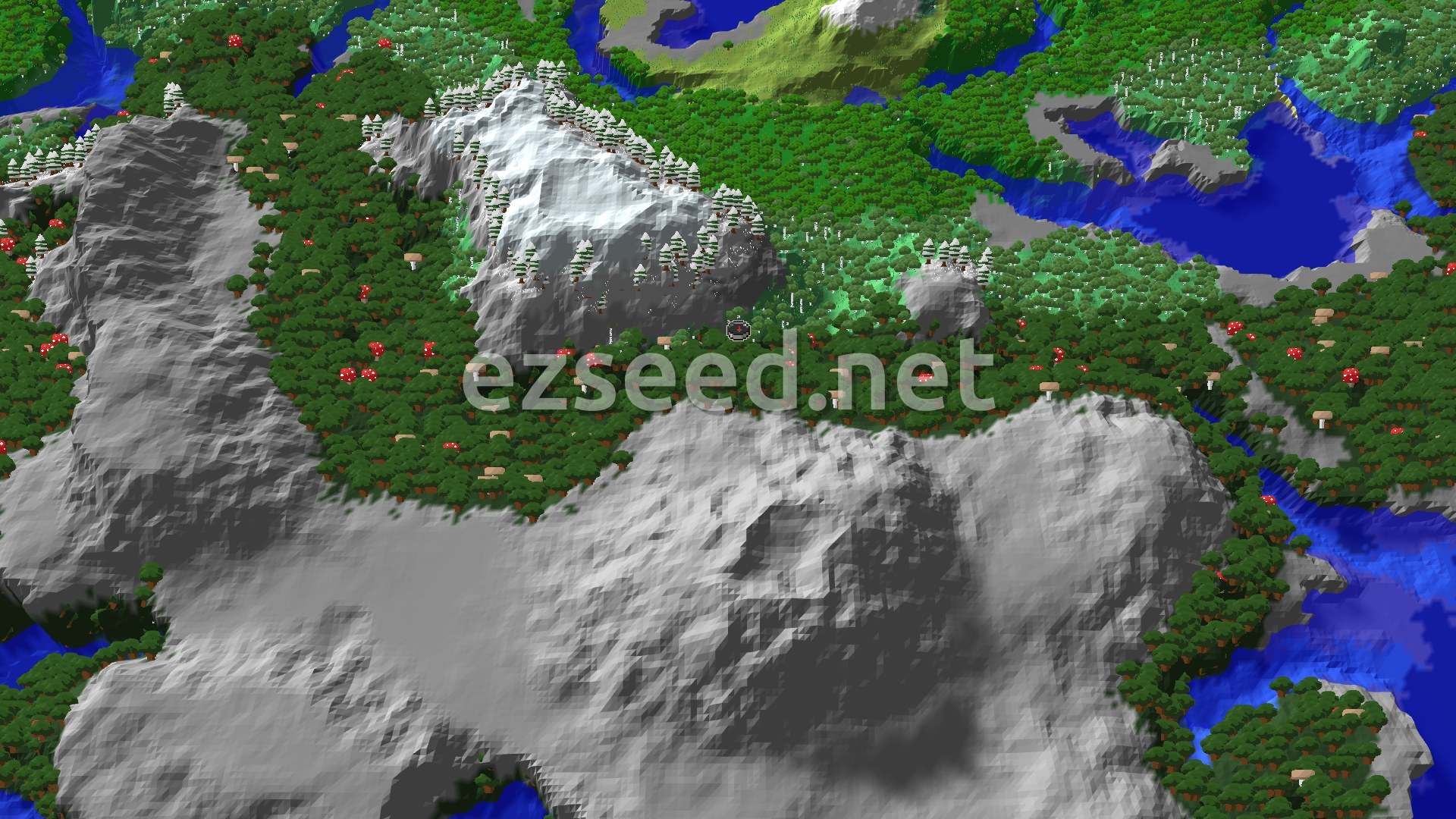 A 3D render showing a dark forest with red and brown mushrooms, nestled between a snowy mountain peak and a grey, rocky mountain. A river runs through the lower right.