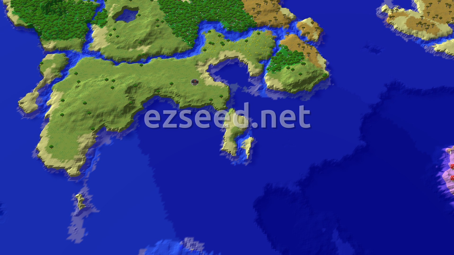 An overhead 3D view of a large green island with scattered trees and a few sandy beaches, surrounded by deep blue ocean. A small red spawn marker sits near the center.