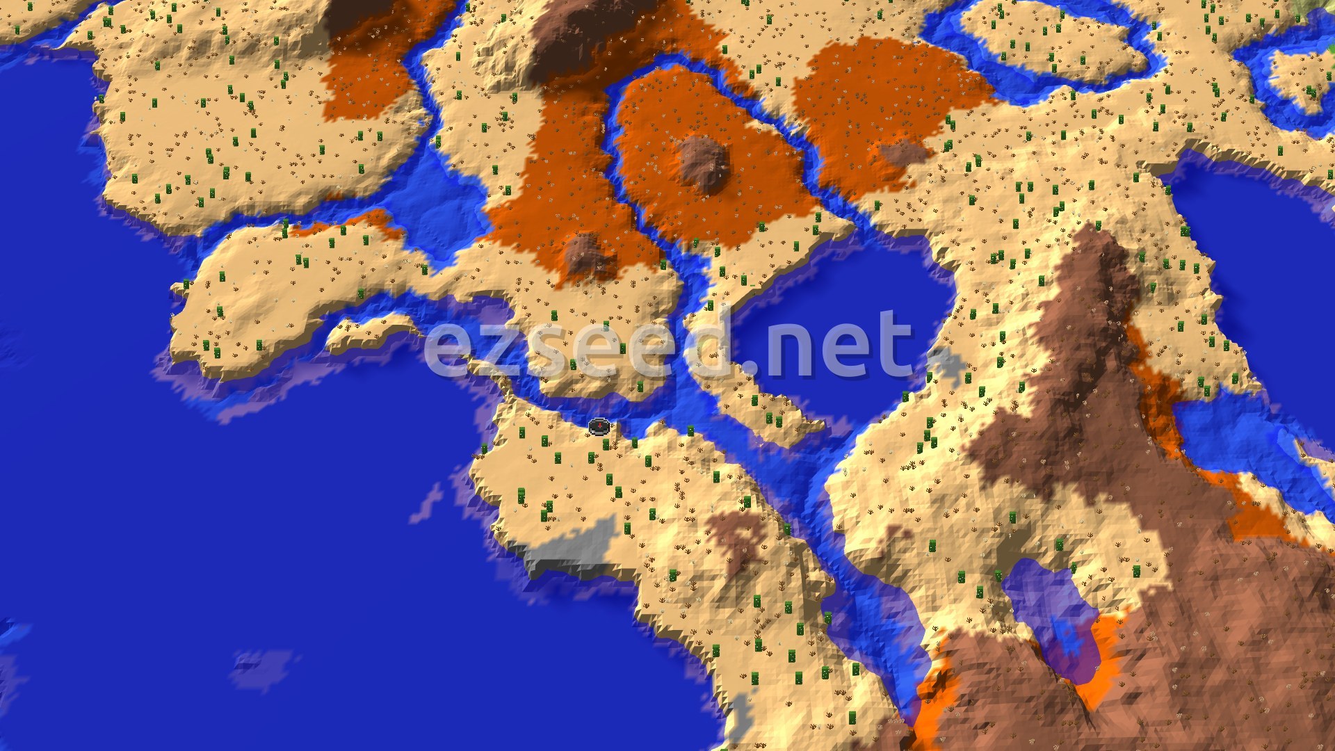 An aerial 3D view of a desert landscape dotted with cacti, featuring a central spawn marker, surrounded by rivers and warm ocean, with patches of badlands and eroded badlands.