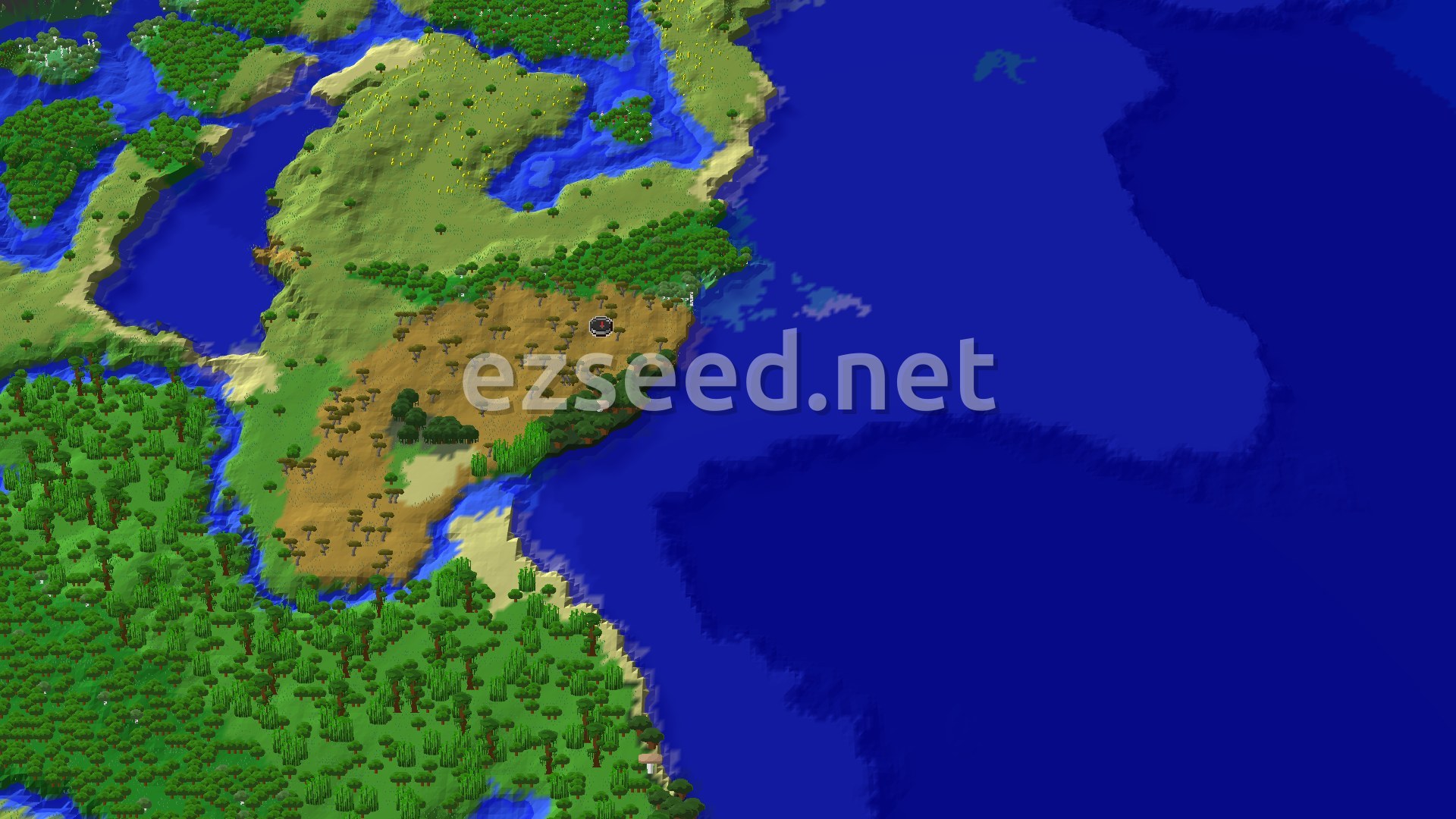 A 3D aerial view of a windswept savanna landscape with scattered trees, a body of water, and gentle hills, centered on the spawn point.