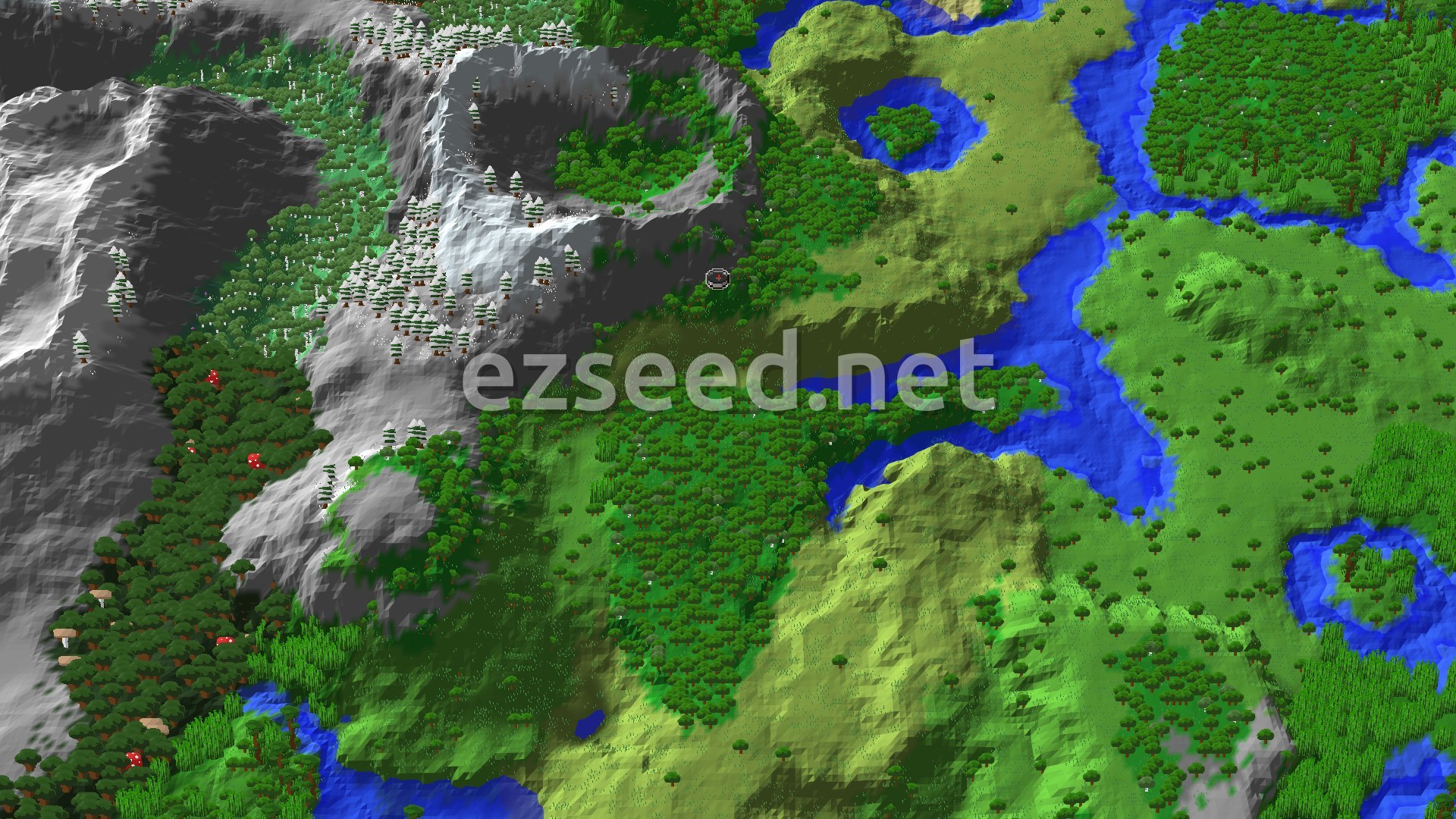 A 3D fly-over of a varied Minecraft landscape featuring snow-capped mountains, dense forests, flat plains, and winding rivers near the spawn point.