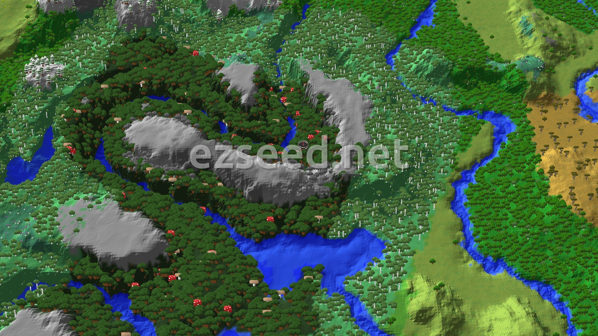 An aerial view of a varied landscape, featuring dense dark forests, winding rivers, and a prominent grey mountainous area near the center where a spawn marker is visible. Patches of lighter green fields and a savanna biome are also present in the distance.