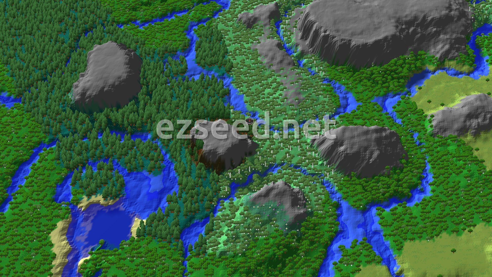 An aerial view of a forested landscape with several large grey mountains, winding blue rivers, and a small red spawn marker in the center.