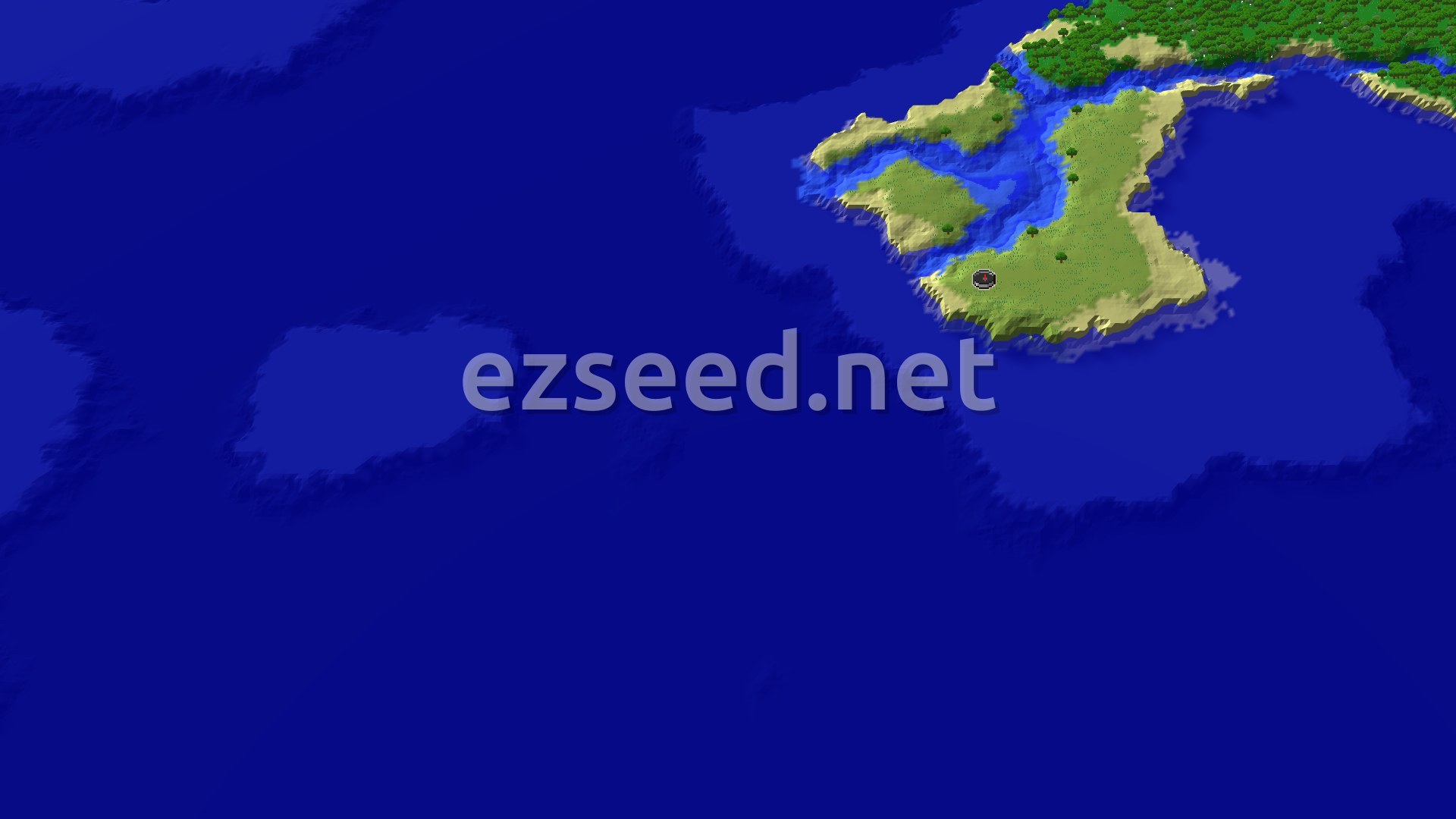 A 3D render of an island with a marker at the spawn point, surrounded by ocean. The island features plains and forest biomes with some gentle hills and rivers.