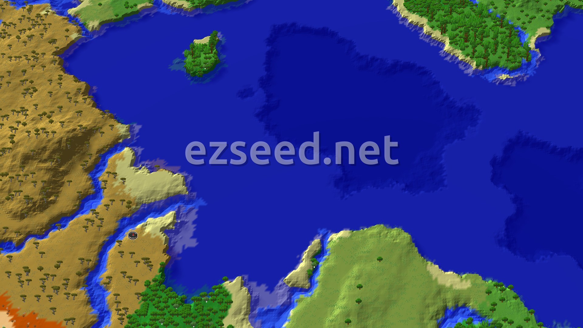 An aerial view of a varied landscape, showing a prominent ocean, savanna and forest biomes, and a small island.