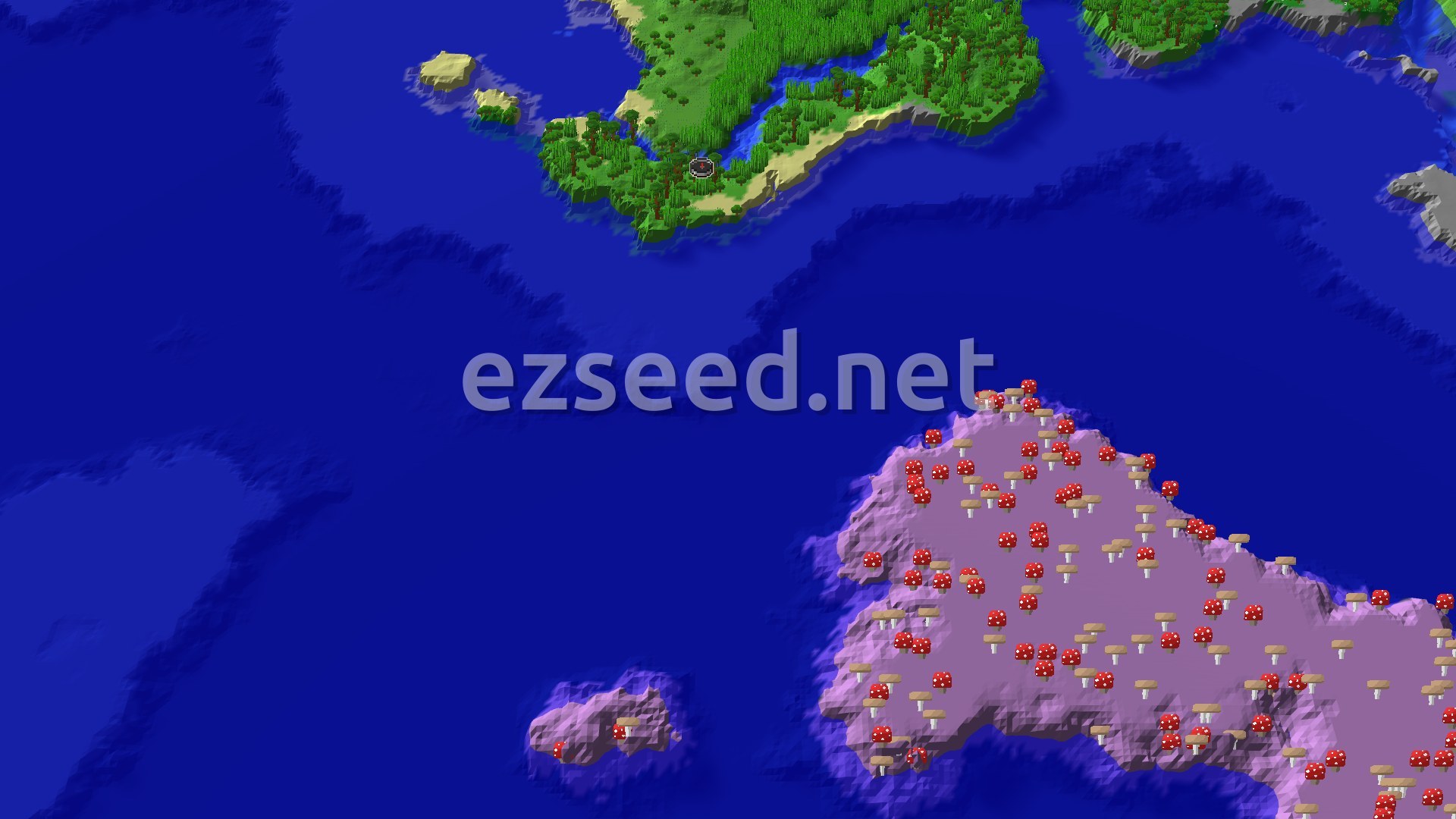 A 3D fly-over of a jungle coastline with a prominent mushroom fields island offshore. The water is deep blue and the terrain varies from flat to gently rolling hills.