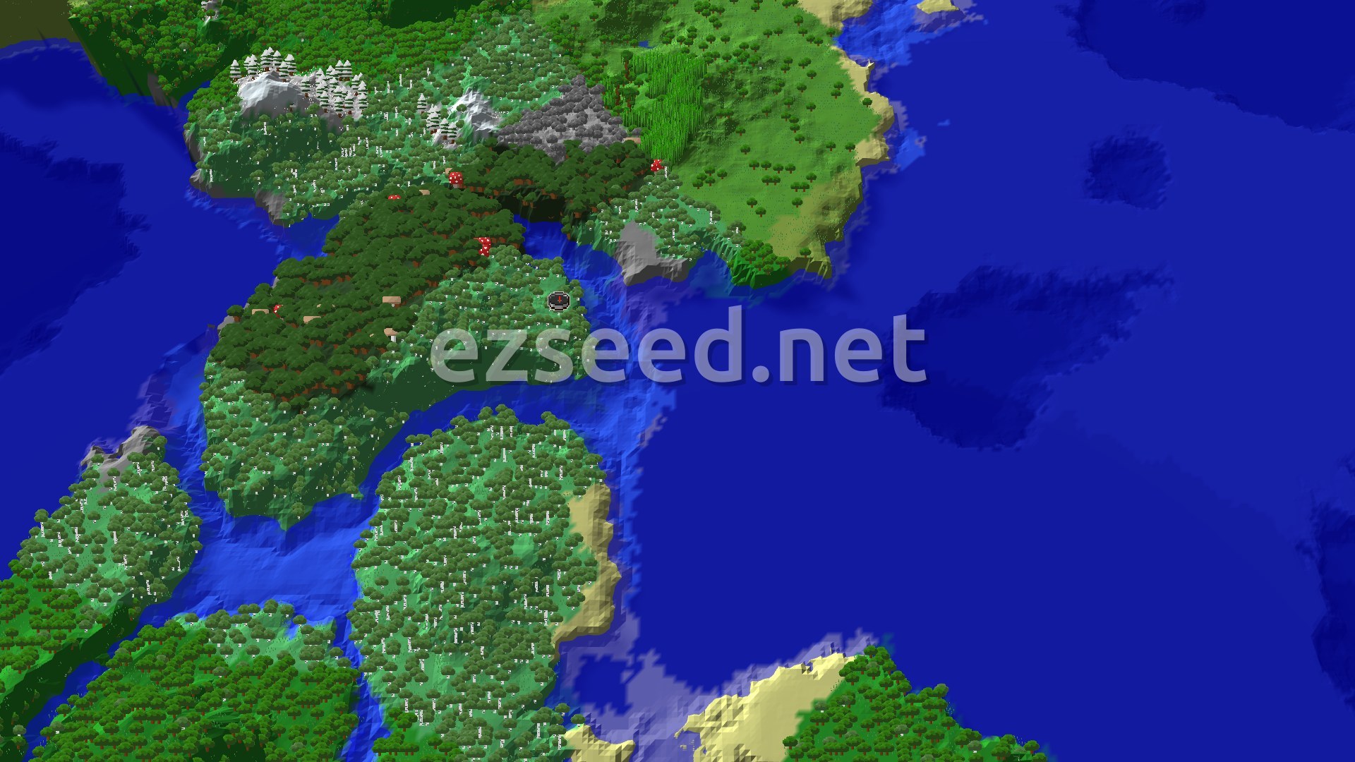 An aerial view of a varied landscape, featuring dense birch and dark forests, patches of plains, and a winding river system opening into a large ocean. Some snowy peaks are visible in the distance.