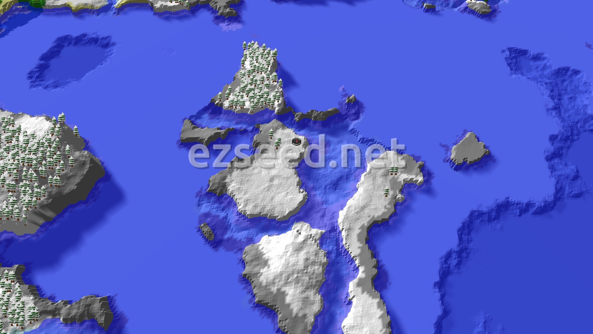 A 3D fly-over rendering of a large snowy island covered in evergreen trees, surrounded by blue ocean water. A small red spawn marker is visible near the center of the island.