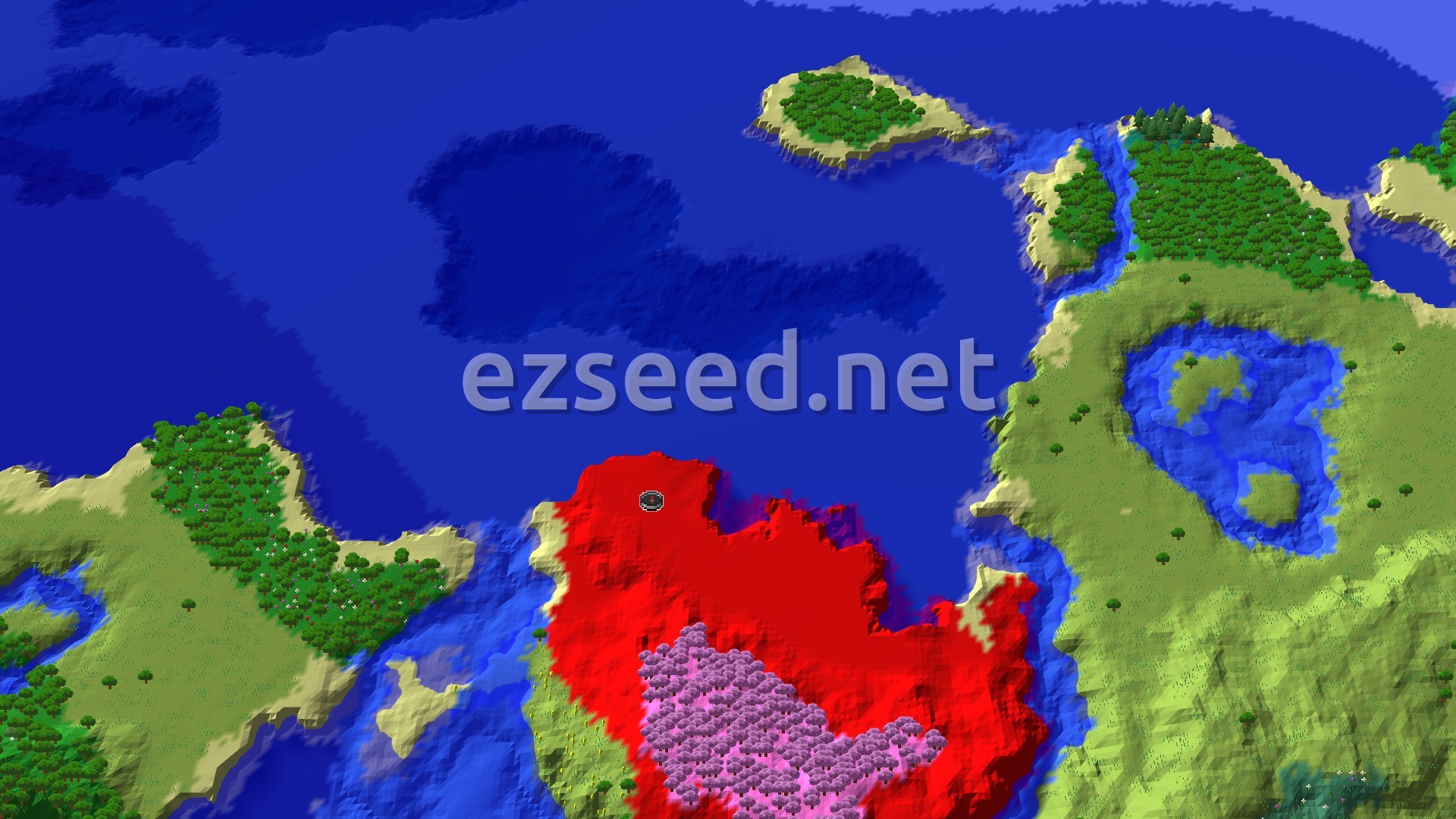 Aerial Minecraft seed map — Dappled Forest and Cherry Grove Peninsula