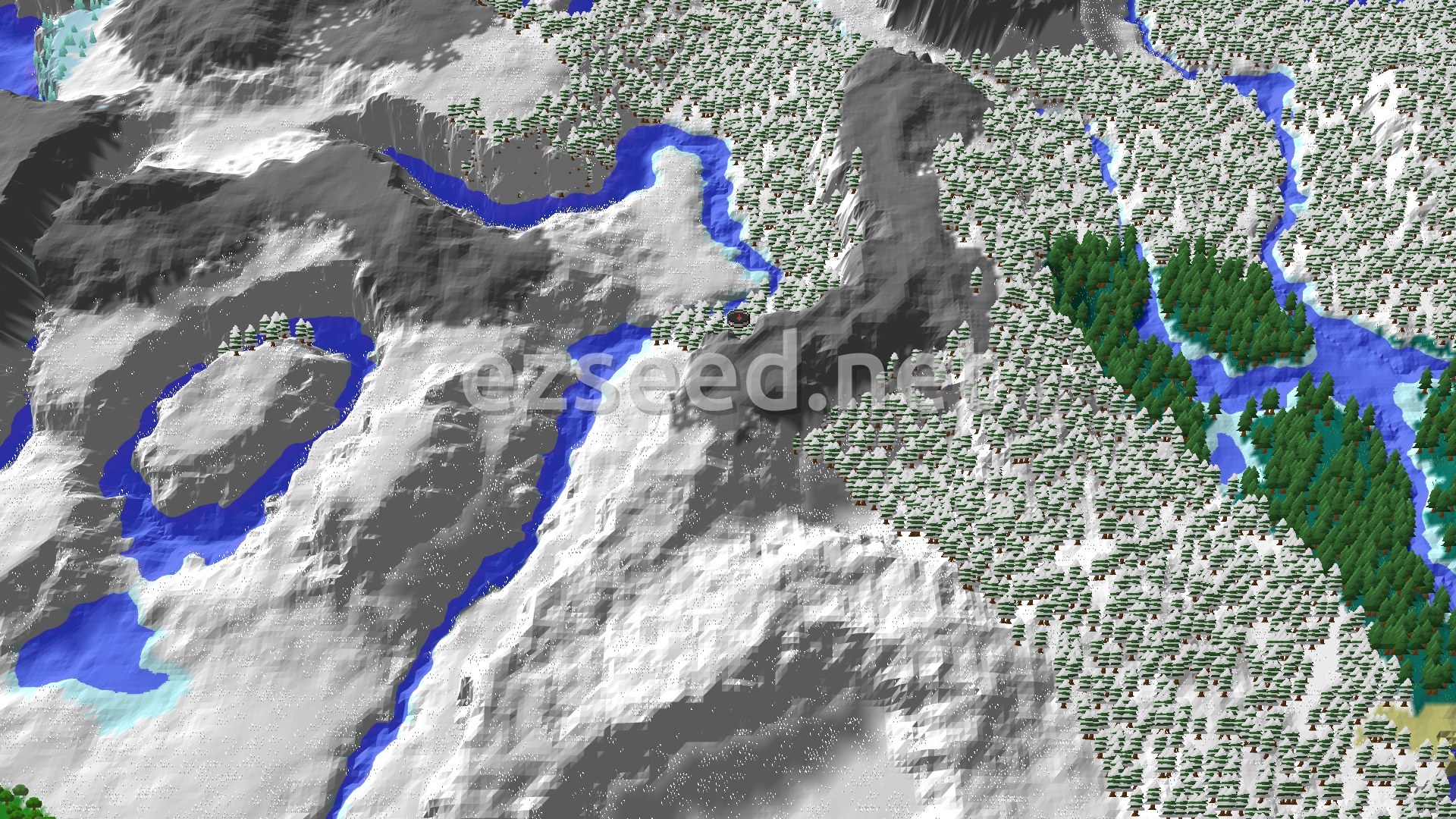 An aerial view of a snowy landscape with mountains, forests, and frozen rivers, with a small marker at the center indicating the spawn point.