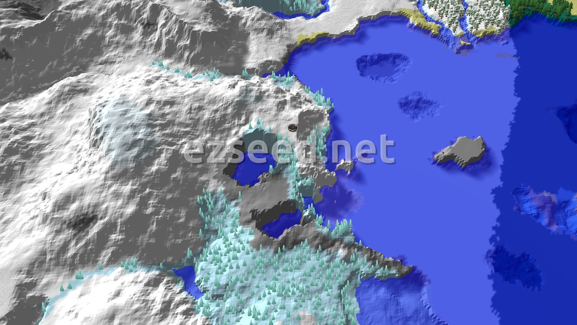 A 3D overhead view of a snow-covered mountainous landscape with scattered light blue trees and dark blue water bodies.