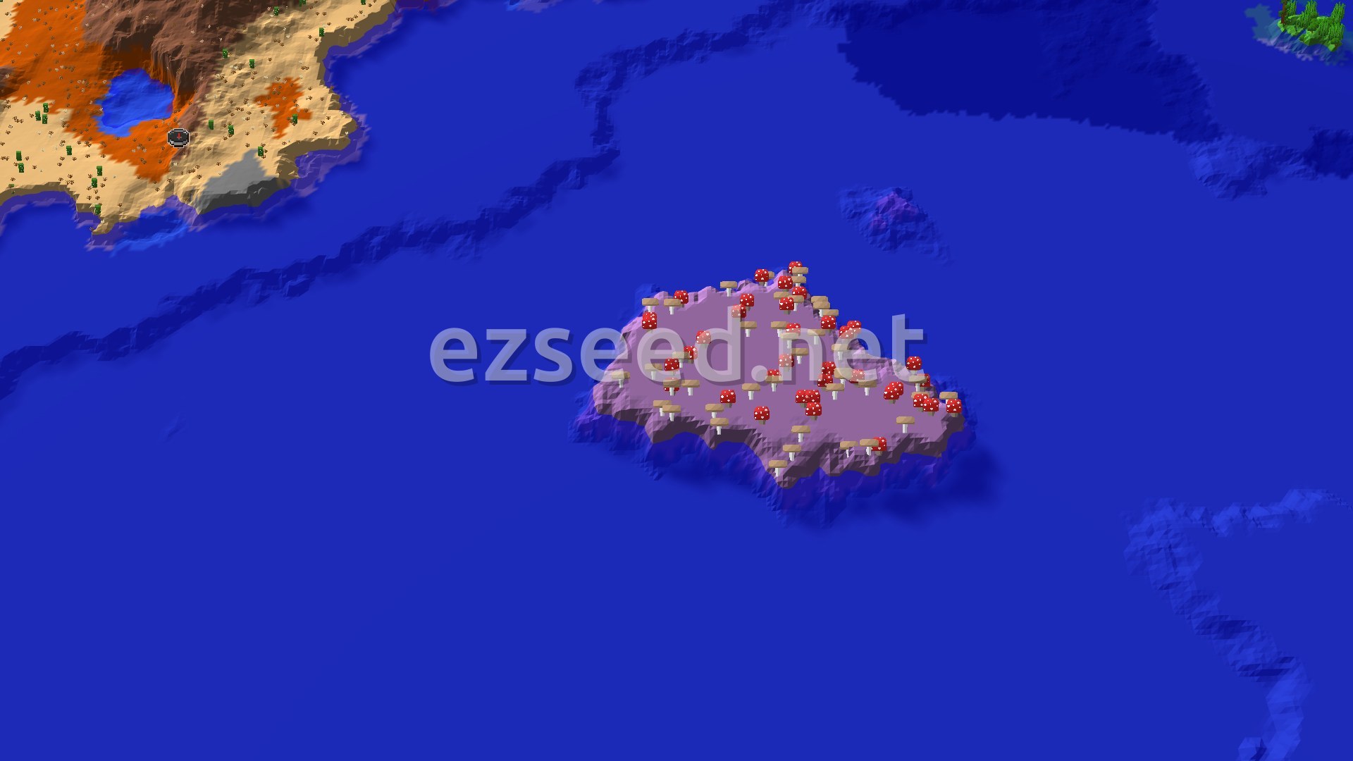 An aerial view showing a desert and badlands biome with a spawn marker, next to a vast ocean containing a mushroom fields island.