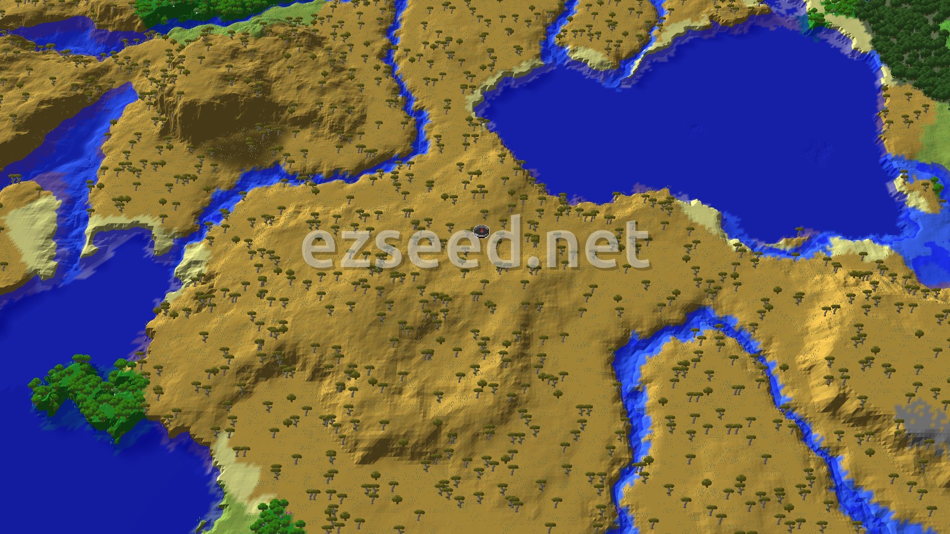 An aerial view of a mostly savanna landscape with scattered acacia trees and several bodies of water, including a large lake and winding rivers.