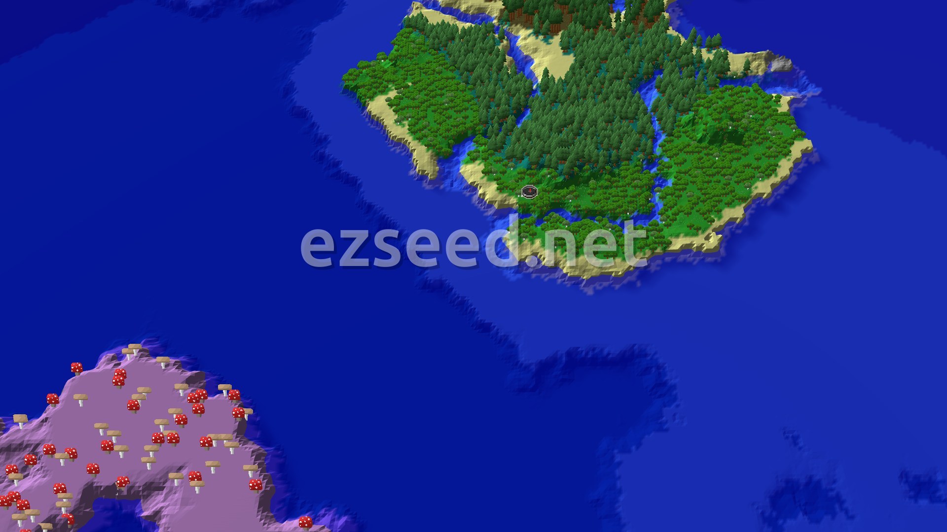 An aerial view of a forested island surrounded by ocean, with a small spawn marker on a beach, and a separate Mushroom Fields island in the distance.