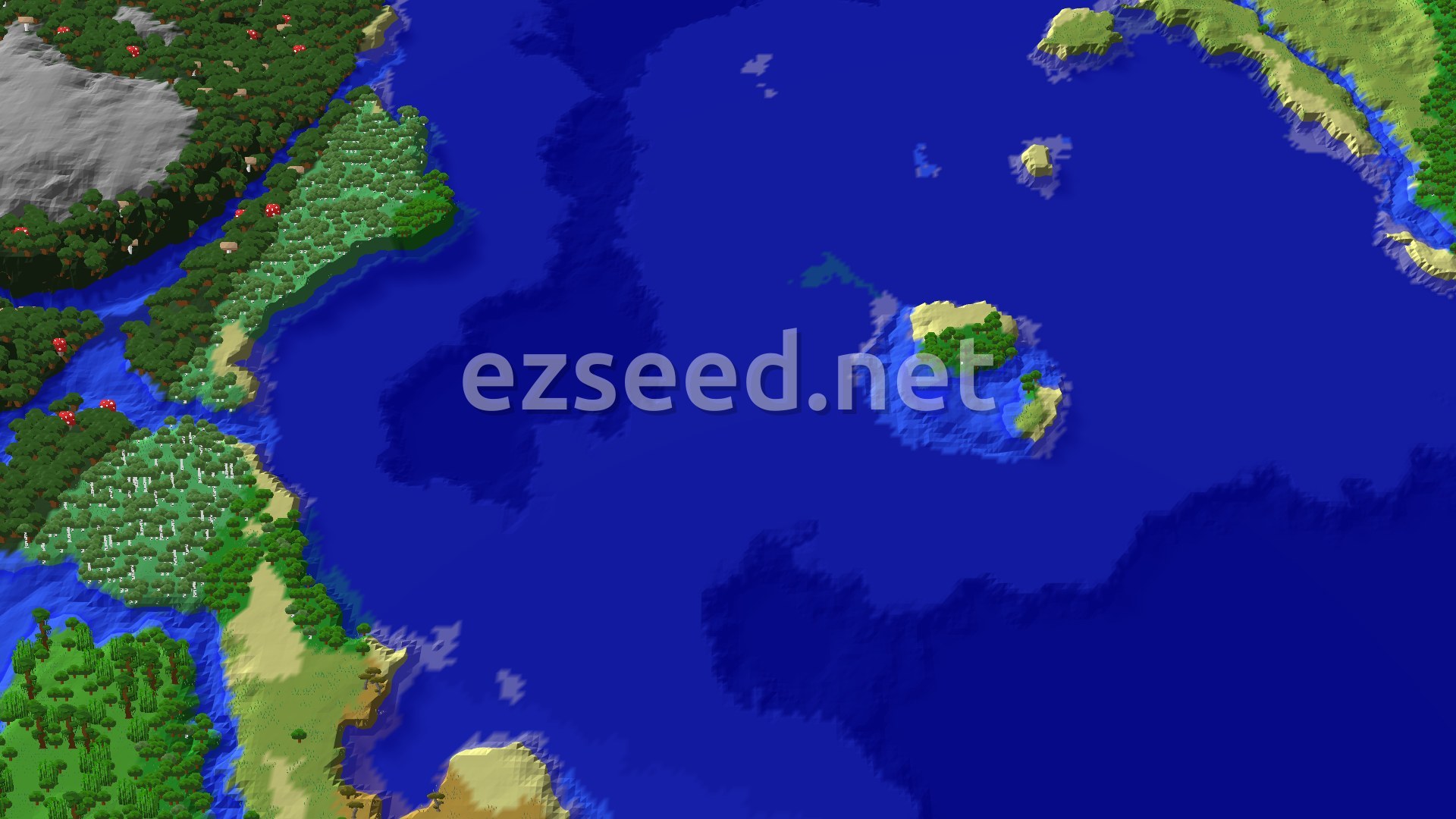 An aerial view shows a large blue ocean with several small islands and a continent to the left, covered in various biomes including forest, savanna, and a small mushroom island.