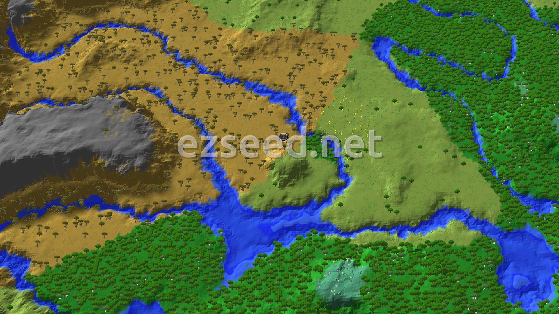 An overhead view of a savanna biome with rolling hills and scattered acacia trees, transitioning into a forest and a river, with a marker at the center indicating the spawn point.