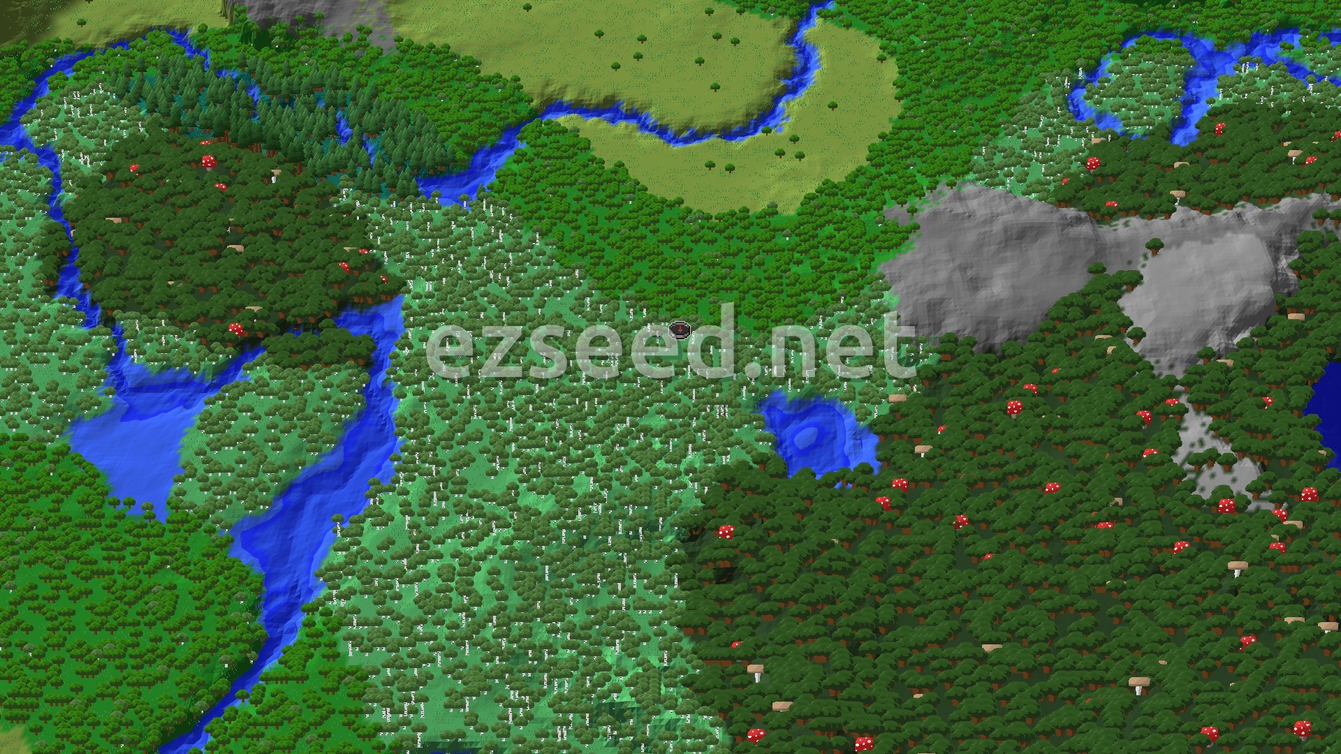 A 3D overhead view of a dense forest, primarily birch trees, with a winding river and a small lake. A grey rocky outcrop is visible to the east, and red mushrooms dot a darker forest area to the south.