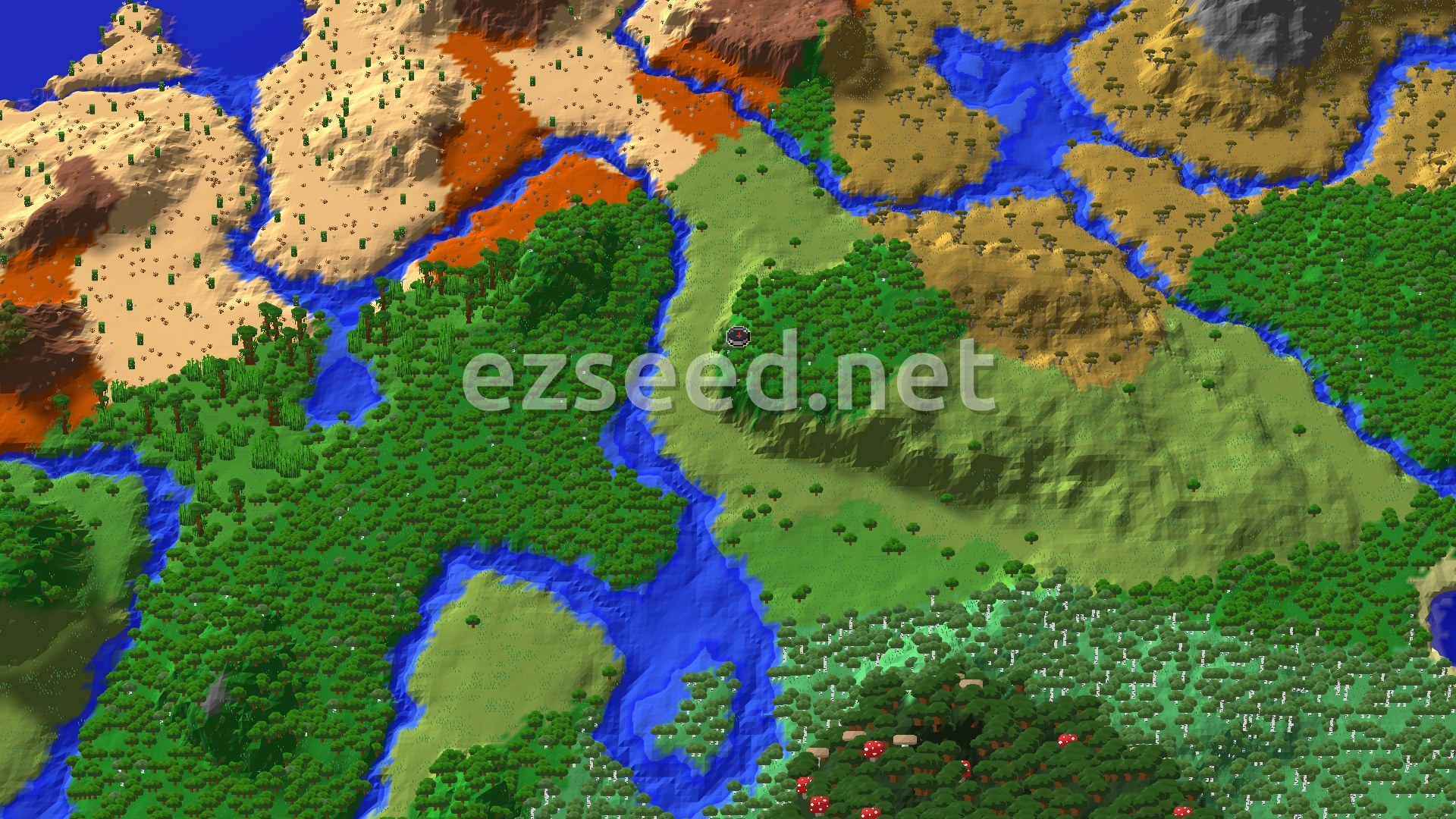 An overhead view showing a dense forest around the spawn marker, with a winding river, and a varied landscape including plains, savannas, and deserts in the distance.